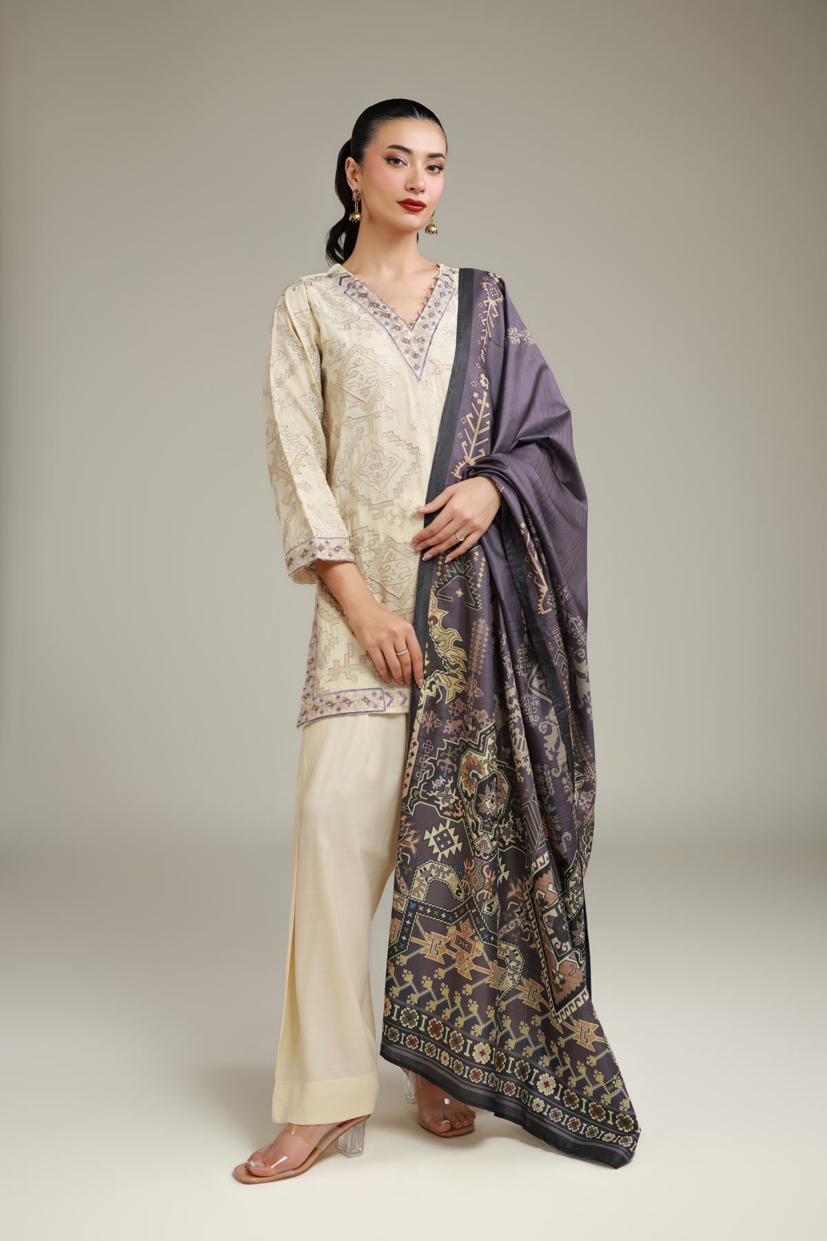 Embroidered Polyester Silk Gray Silk Dupatta - 2-26-112-A-D-VG