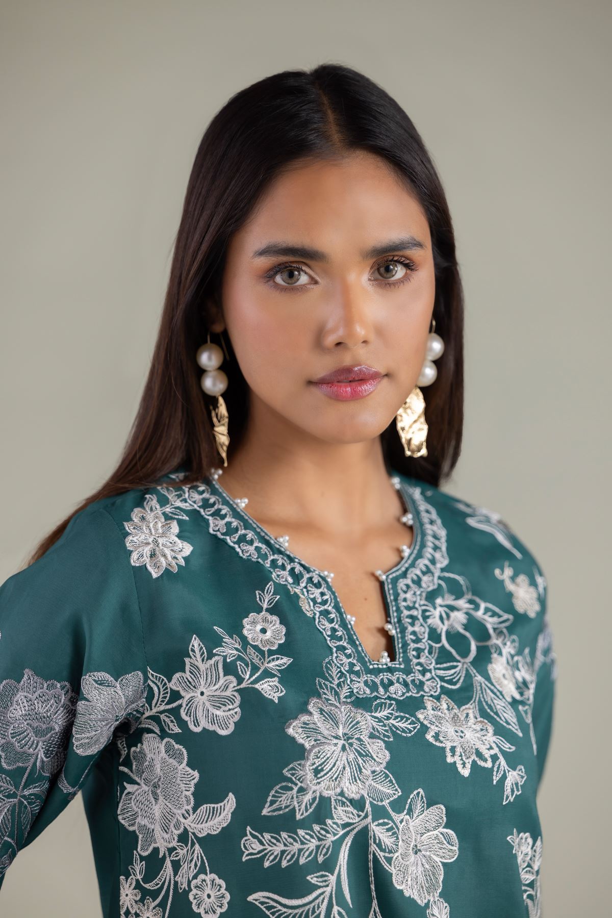 Embroidered Raw Silk Pearl Floral Kurta - 1-26-108-A-F-VG