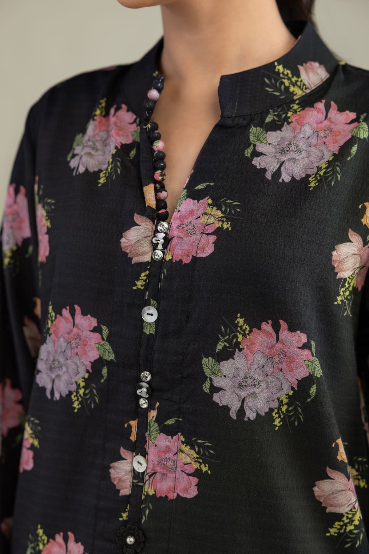 Printed Cotton Dobby Black Floral Kurta - 1-26-102-A-F-VG