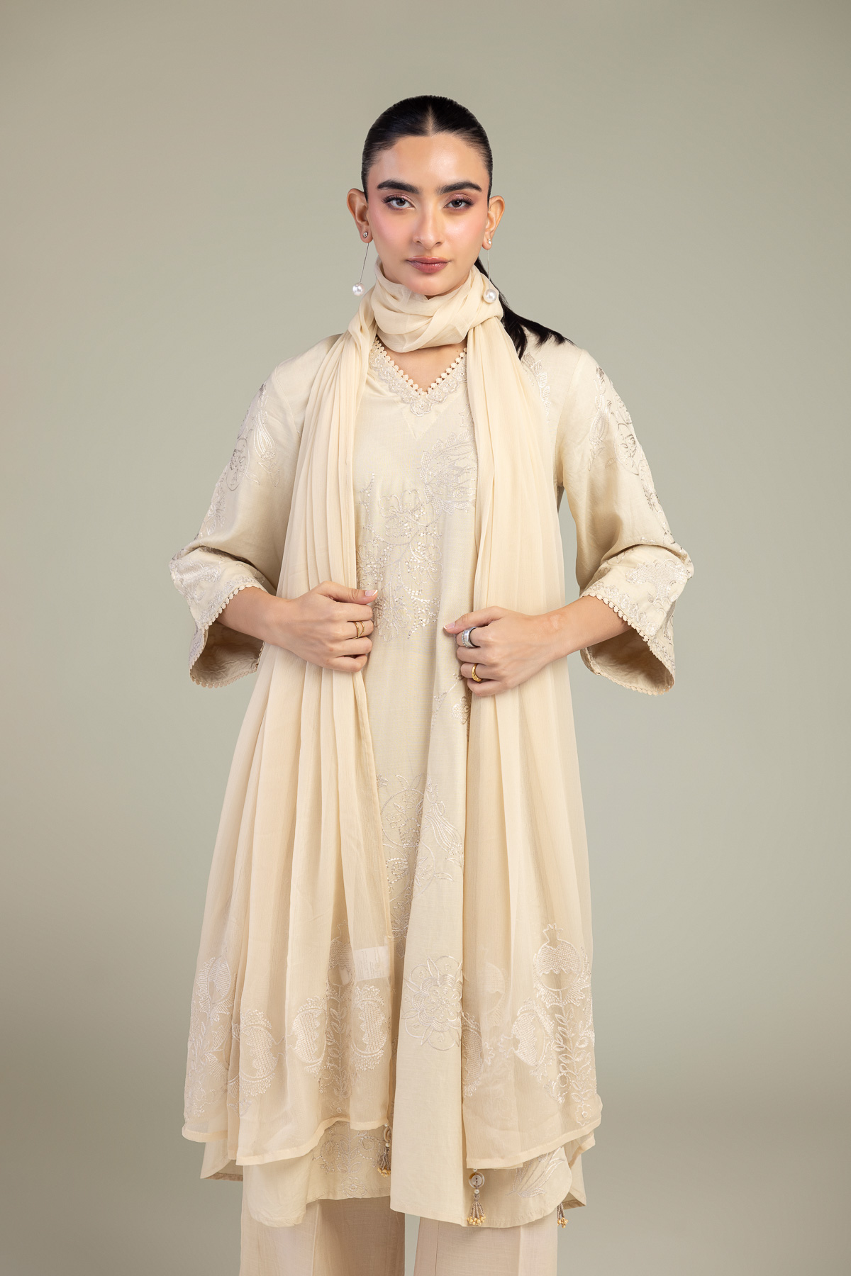 Embroidered Chiffon Beige Floral Dupatta - 1-26-102-A-F-VG