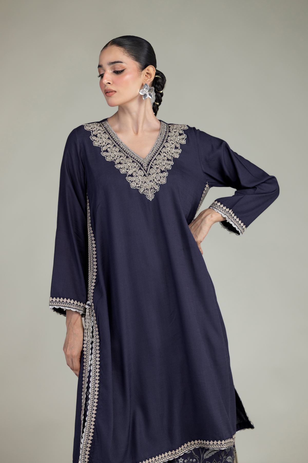 Embroidered Raw Silk Navy V-Neck Kurta - 2-26-203-A-B1-VG