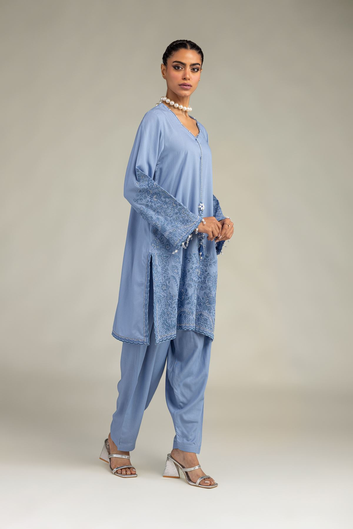 Embroidered Raw Silk Light Blue Kurta - 1-26-322-B-A1-VG