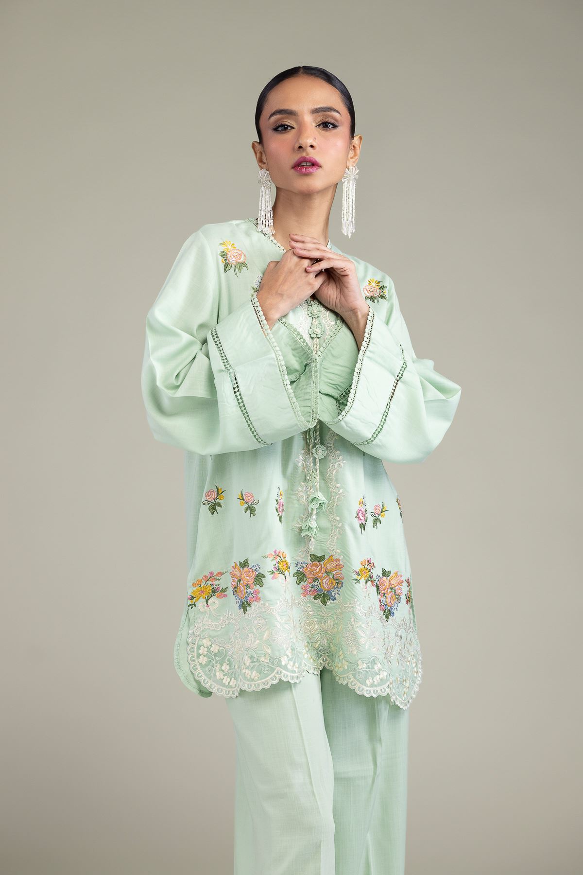 Embroidered Raw Silk Mint Silk Kurta - T-A11-26-114FF1-VG
