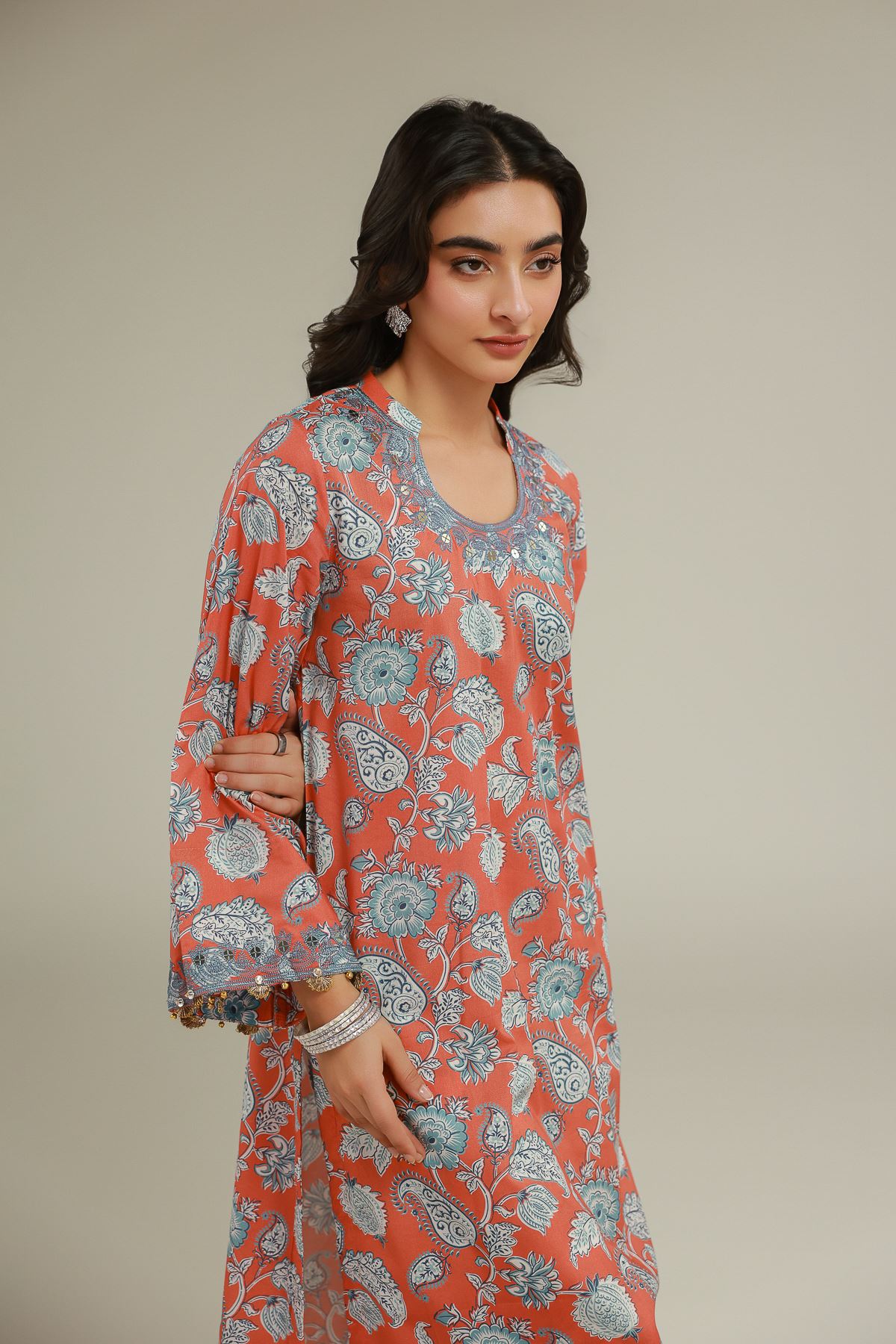 Embroidered Cotton Viscose Paisley Pom-Pom Kurta - 2-26-103-A-F-VG