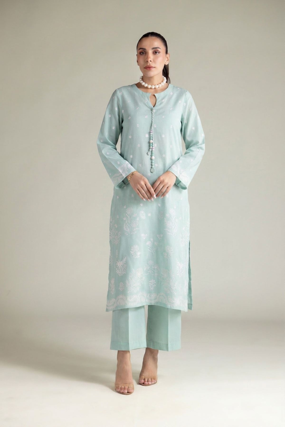 Embroidered Textured Cotton Tailored 2 Piece | Top and Bottom - T-A22-26-207EG1-VG