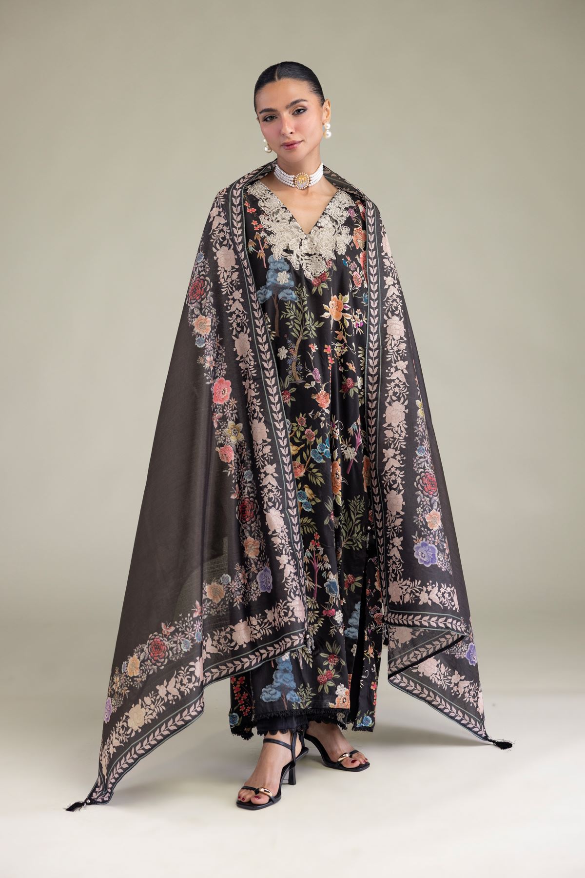 Embroidered Polyester Silk Black Silk Dupatta - 2-26-206-A-A1-VG