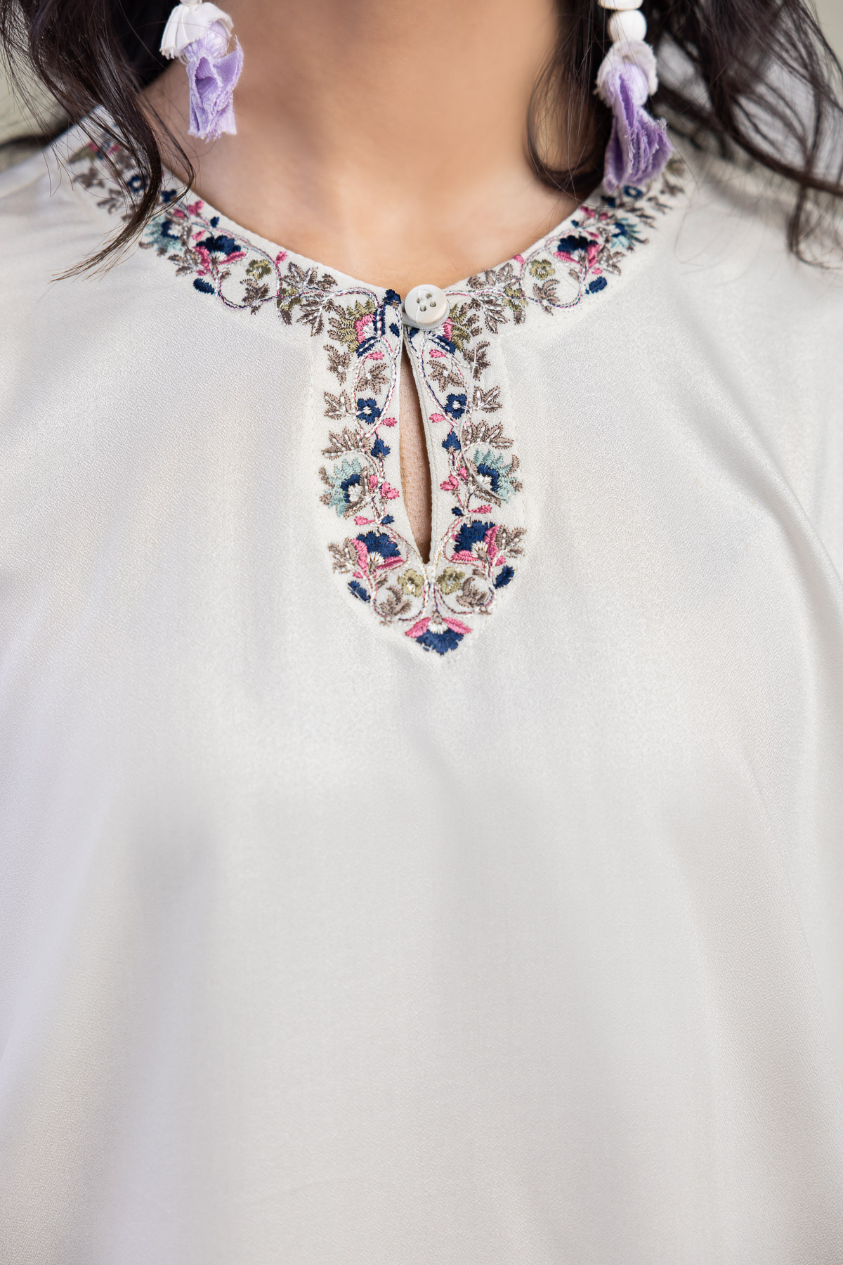 Embroidered Viscose Crepe Solid Viscose Tunic - 6-26-207-B-E1-VG
