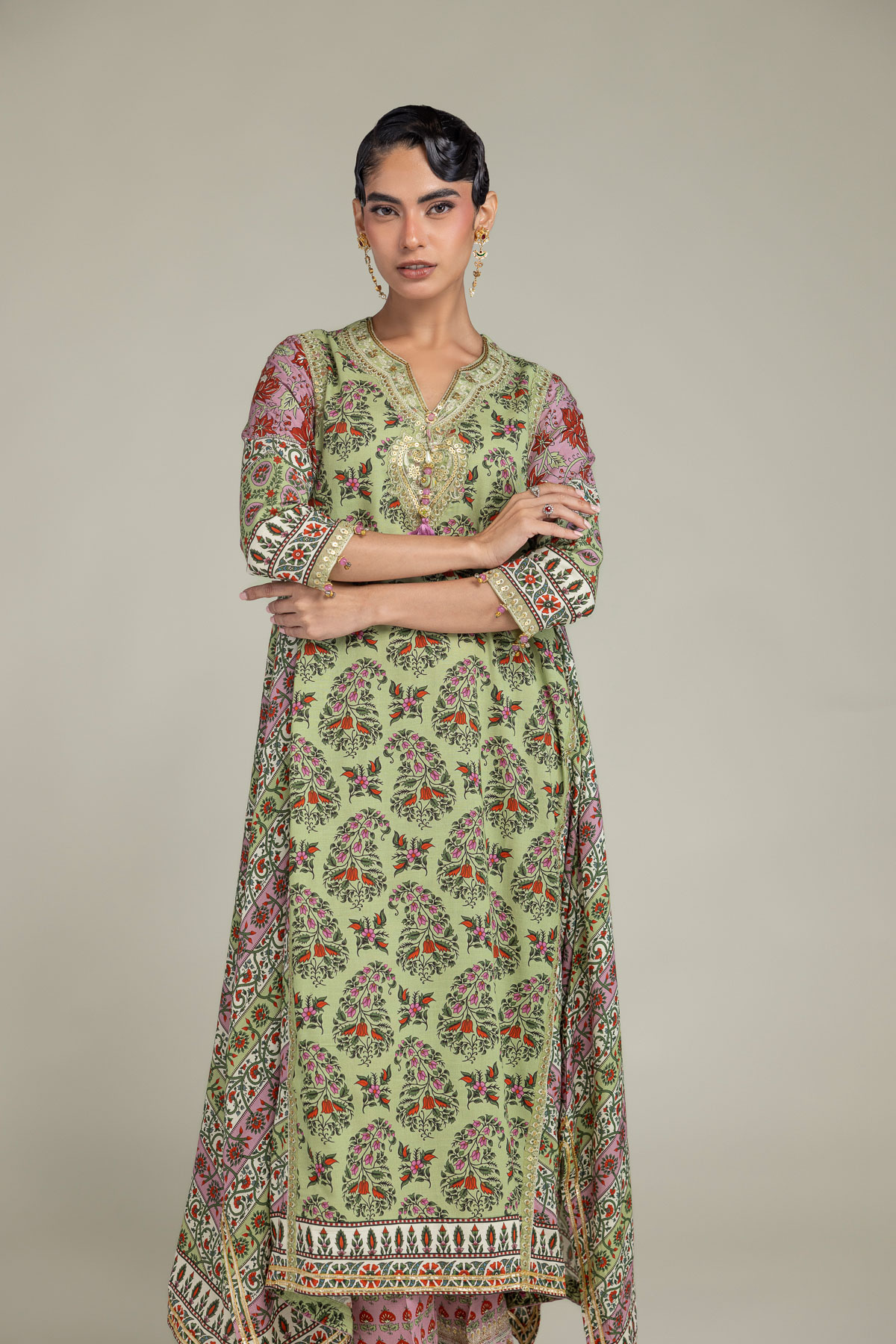 Embroidered Raw Silk Long Green Kurta - A22-26-214FH1-VG