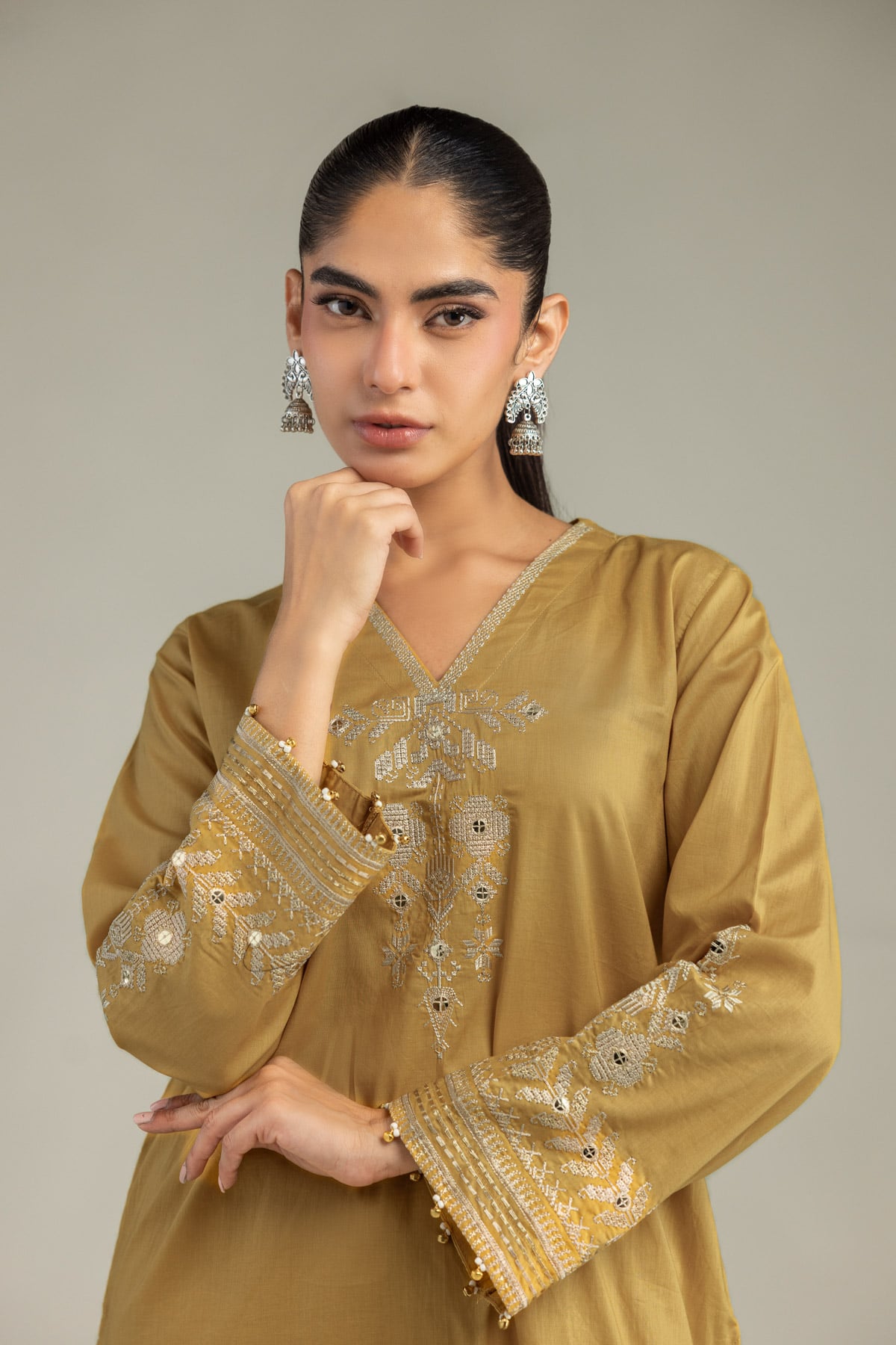 Embroidered Cambric Short Mustard Kurta - B1-2-26-106-A-C-VG