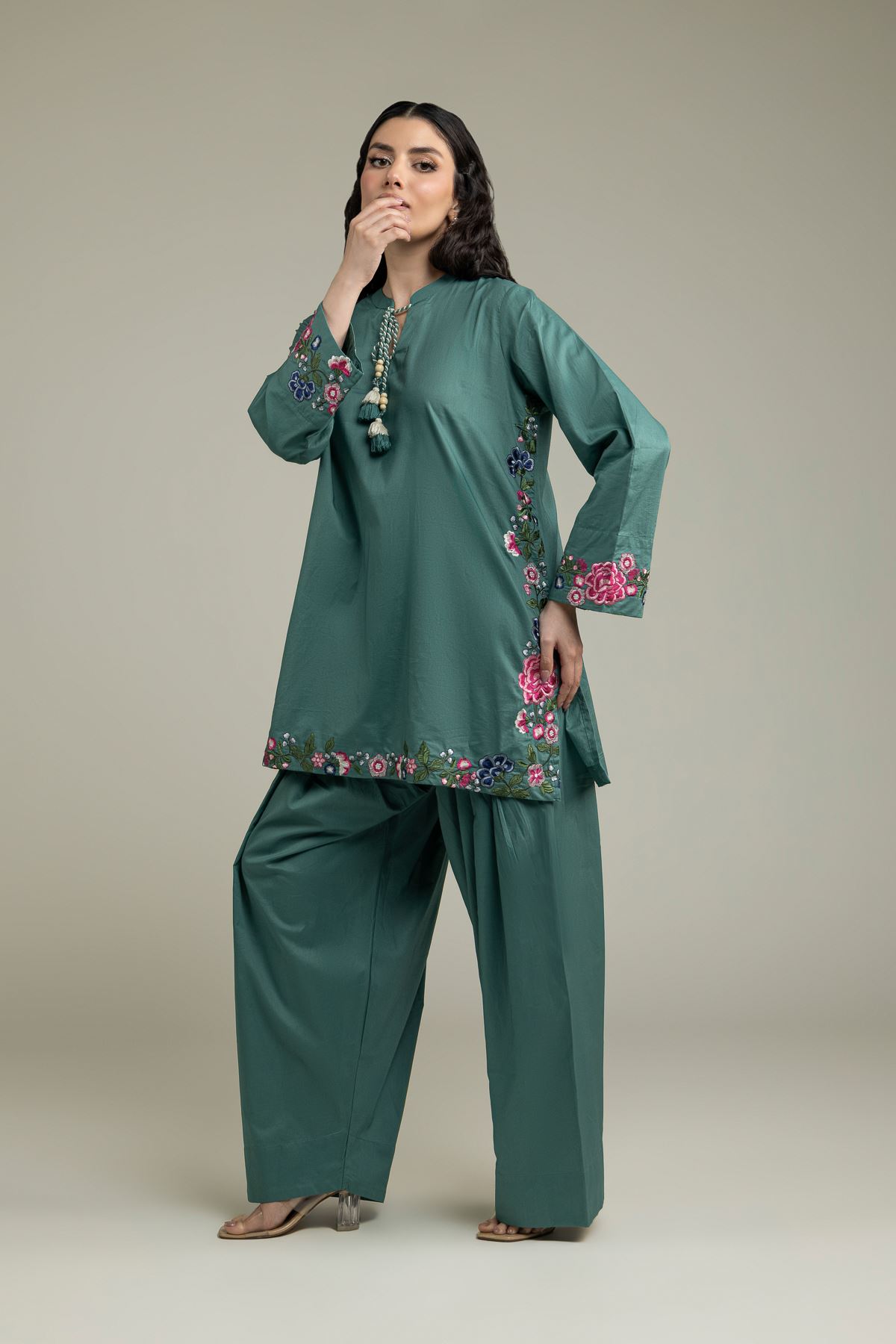 Embroidered Cambric Teal Floral Kurta - 1-26-231-A-F1-VG