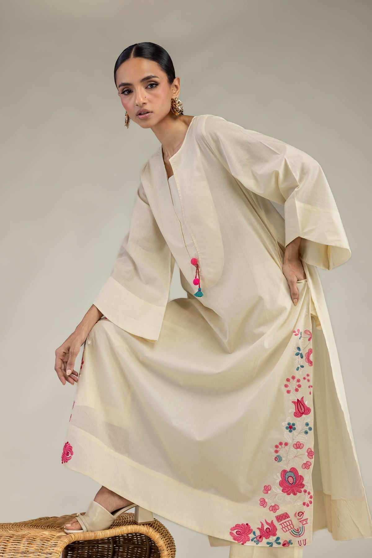 Embroidered Cambric Long Floral Kurta - 1-26-327-A-J1-VG