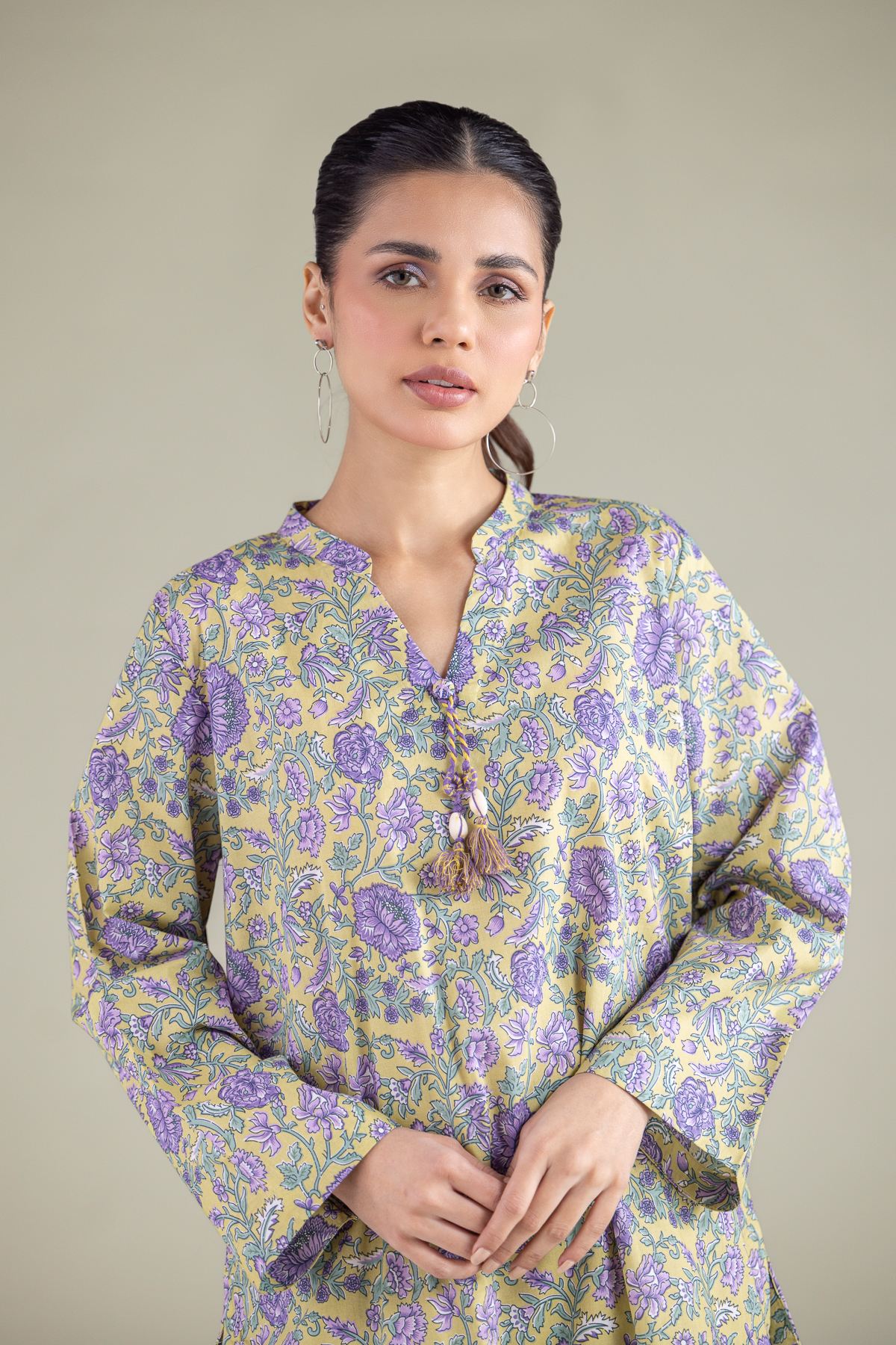 Printed Cambric Floral Band-Collar Kurta - 1-26-144-B-A-VG