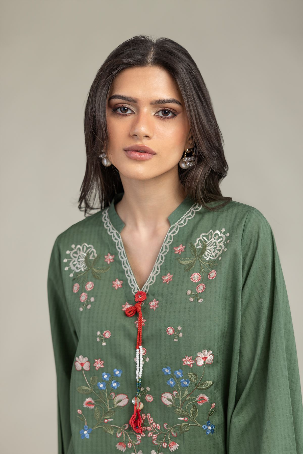 Embroidered Cotton Dobby Short Green Kurta - 2-26-210-A-C1-VG