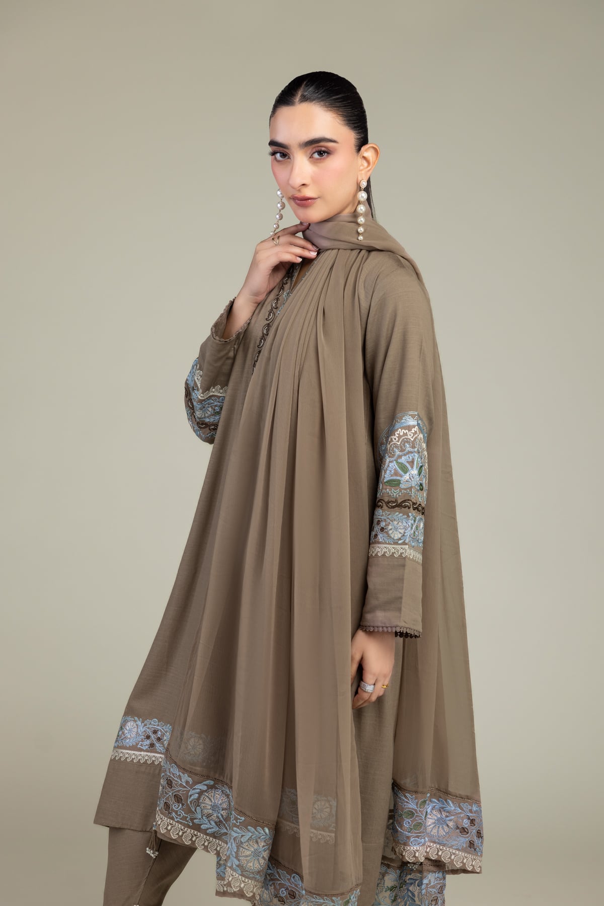 Embroidered Chiffon Brown Floral Dupatta - 1-26-309-B-D1-VG
