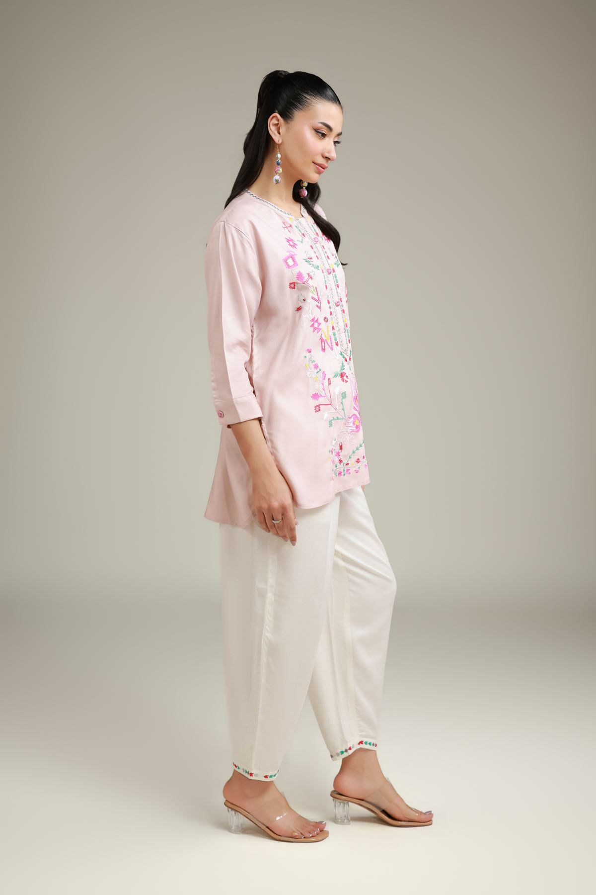 Embroidered Viscose Crepe White Viscose Trousers - 6-26-103-A-D-VG