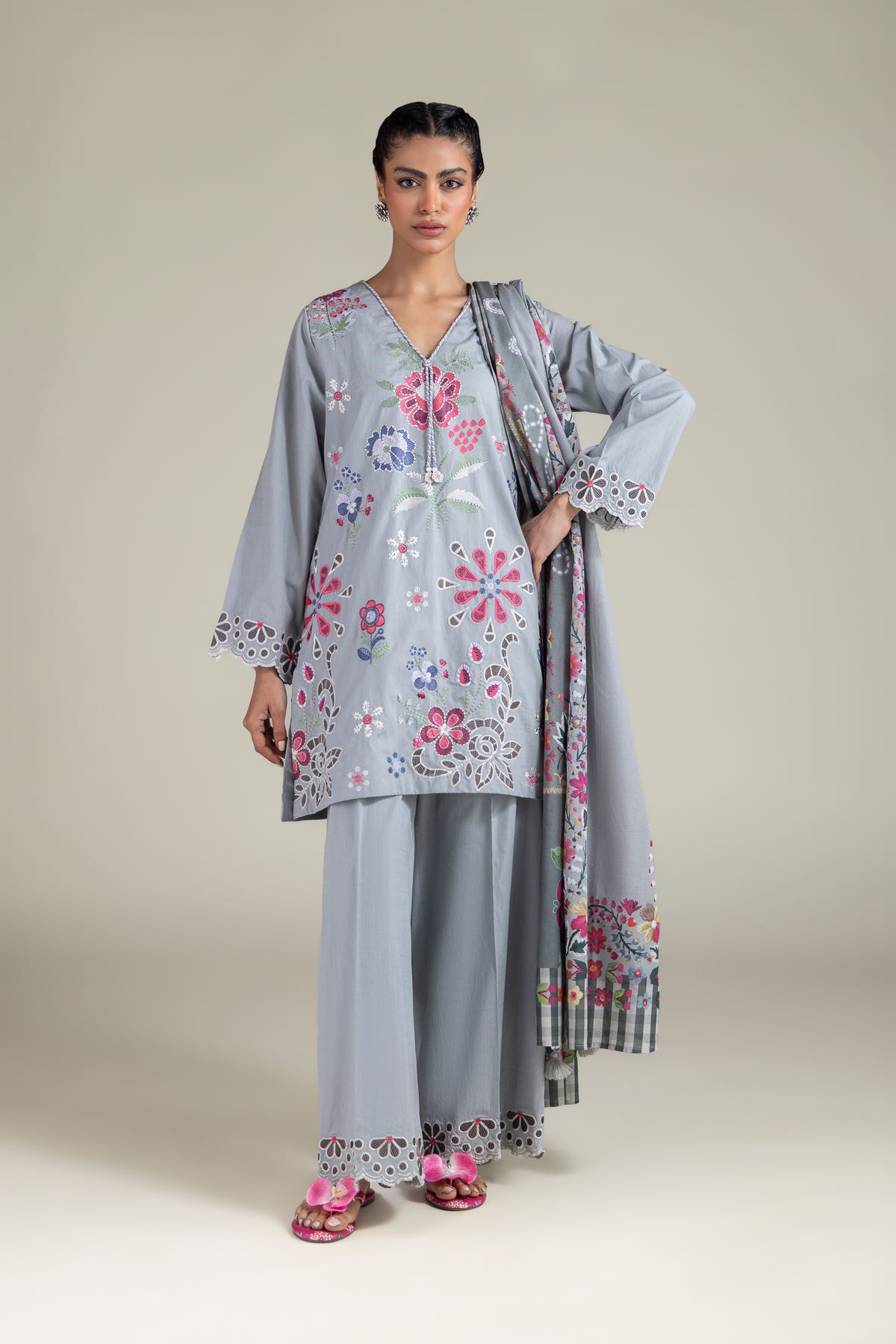 Embroidered Textured Cotton Floral Lace Pants - 1-26-108-B-D-VG