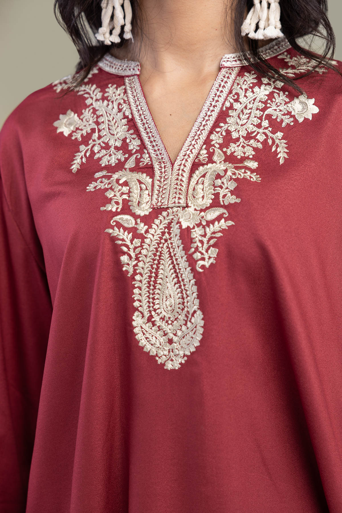 Embroidered Viscose Crepe Viscose V-Neck Tunic - 1-26-229-B-F1-VG