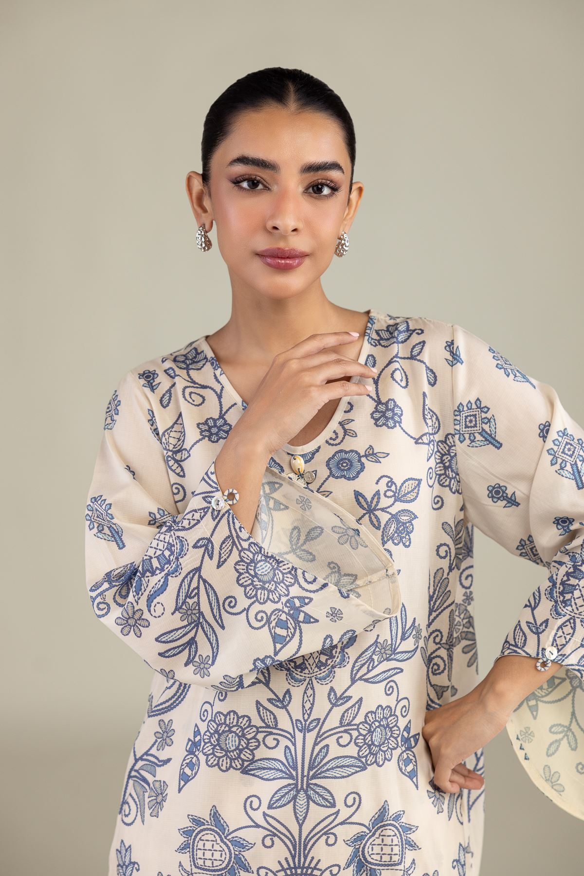 Printed Textured Weave Short Floral Kurta - 1-26-250-B-H1-VG