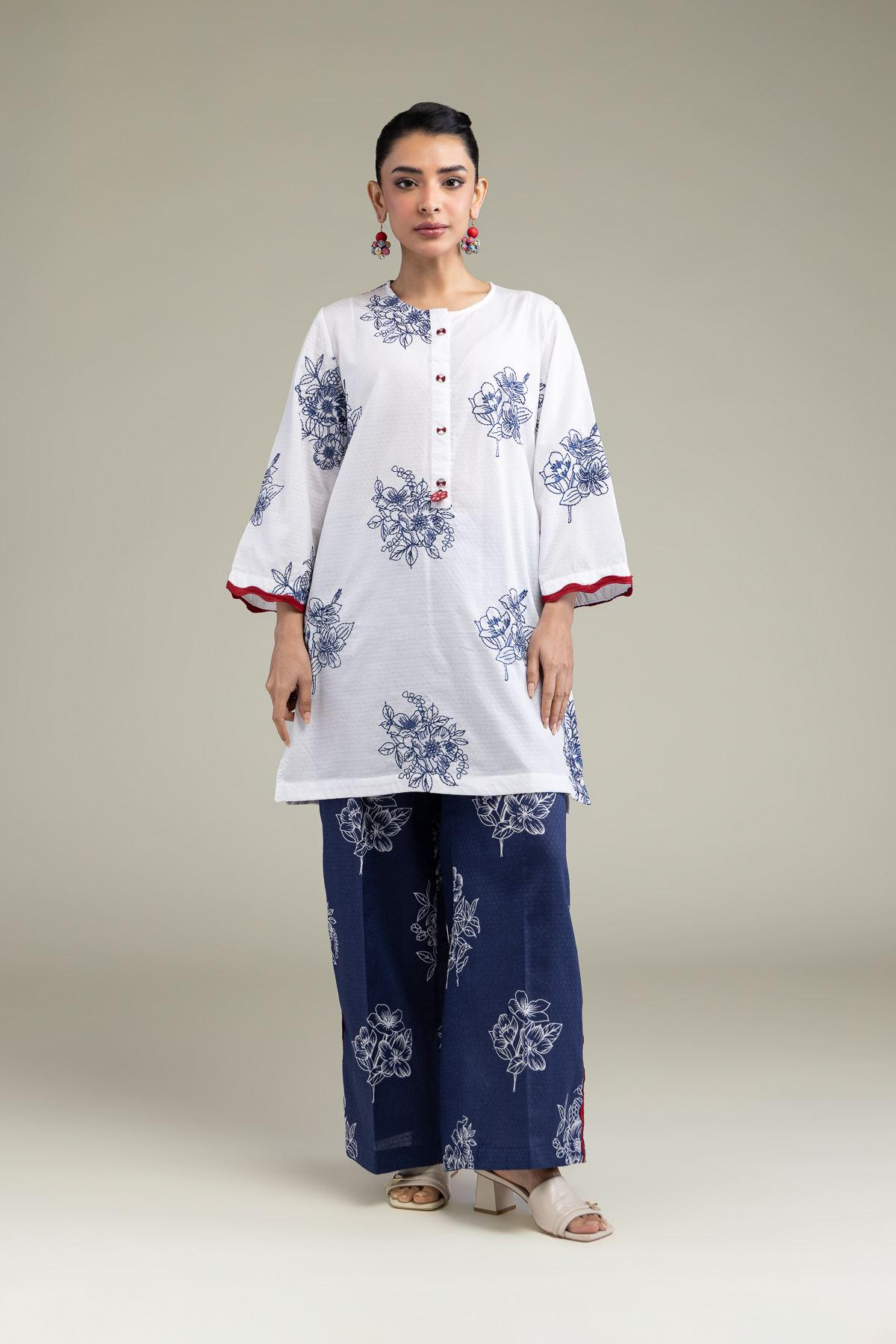 Embroidered Cotton Dobby Floral Navy Pants - 1-26-211-A-C2-VG