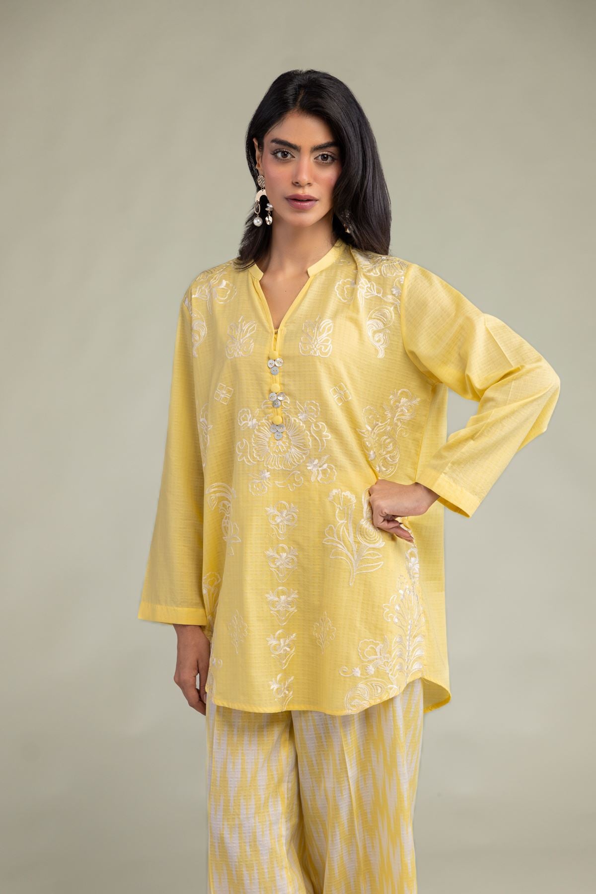 Embroidered Cotton Dobby Yellow Floral Kurta - 8-26-303-A-C1-VG
