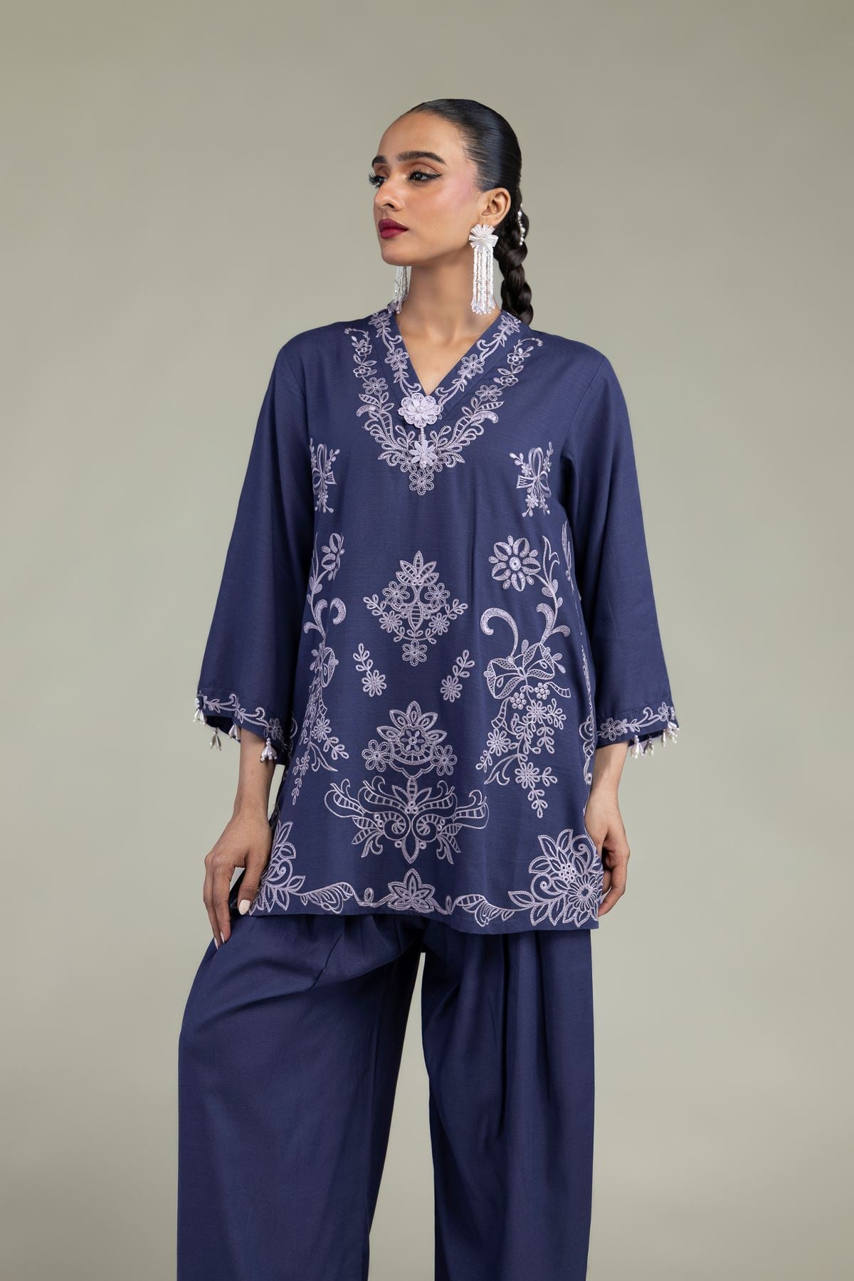 Embroidered Raw Silk Floral V-Neck Kurta - 2-26-302-B-F1-VG