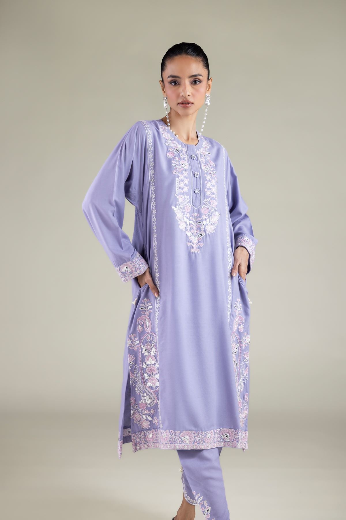 Embroidered Raw Silk Paisley Longline Kurta - 2-26-112-A-B-VG