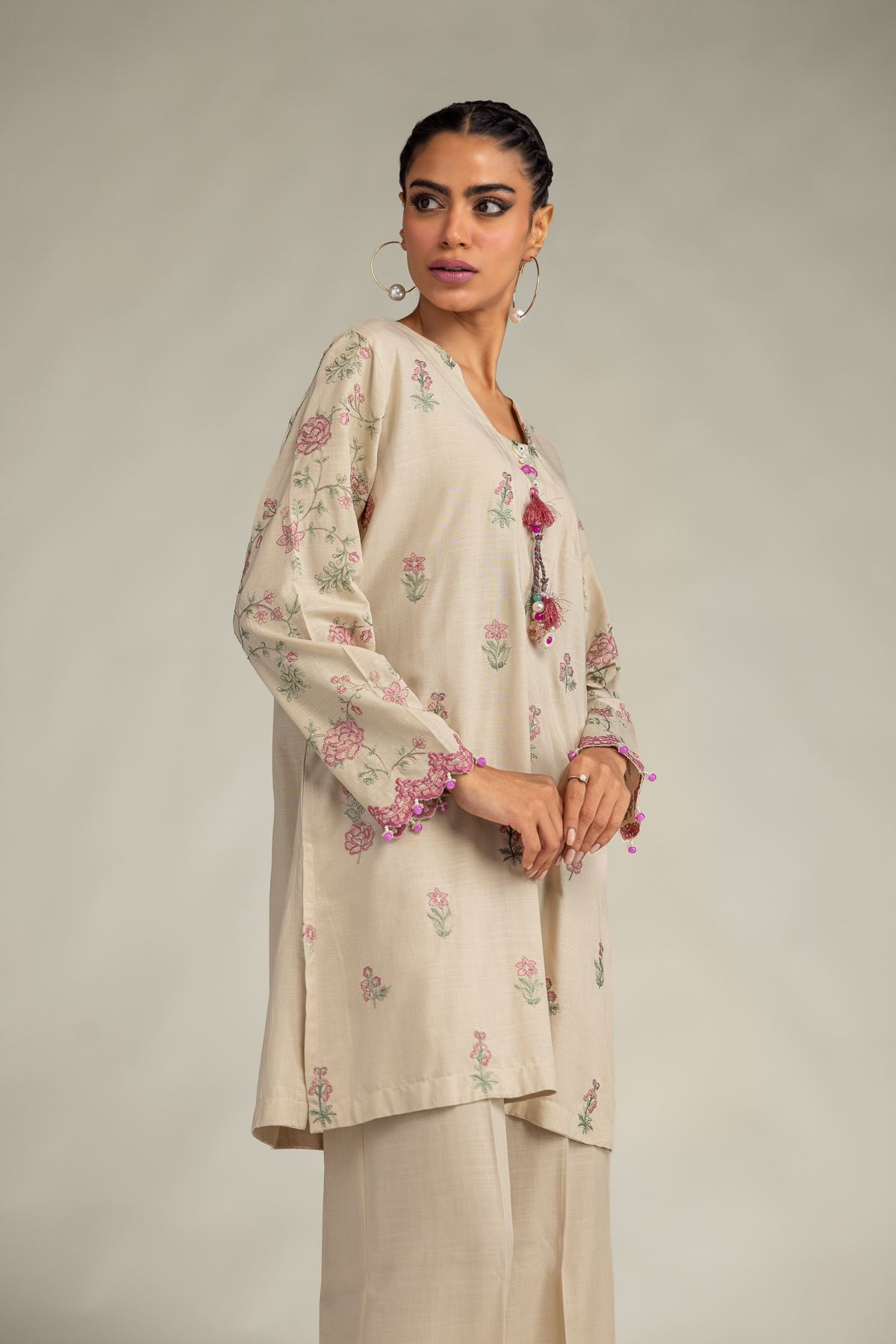 Embroidered Raw Silk Floral Beige Kurta - 1-26-322-B-A1-VG