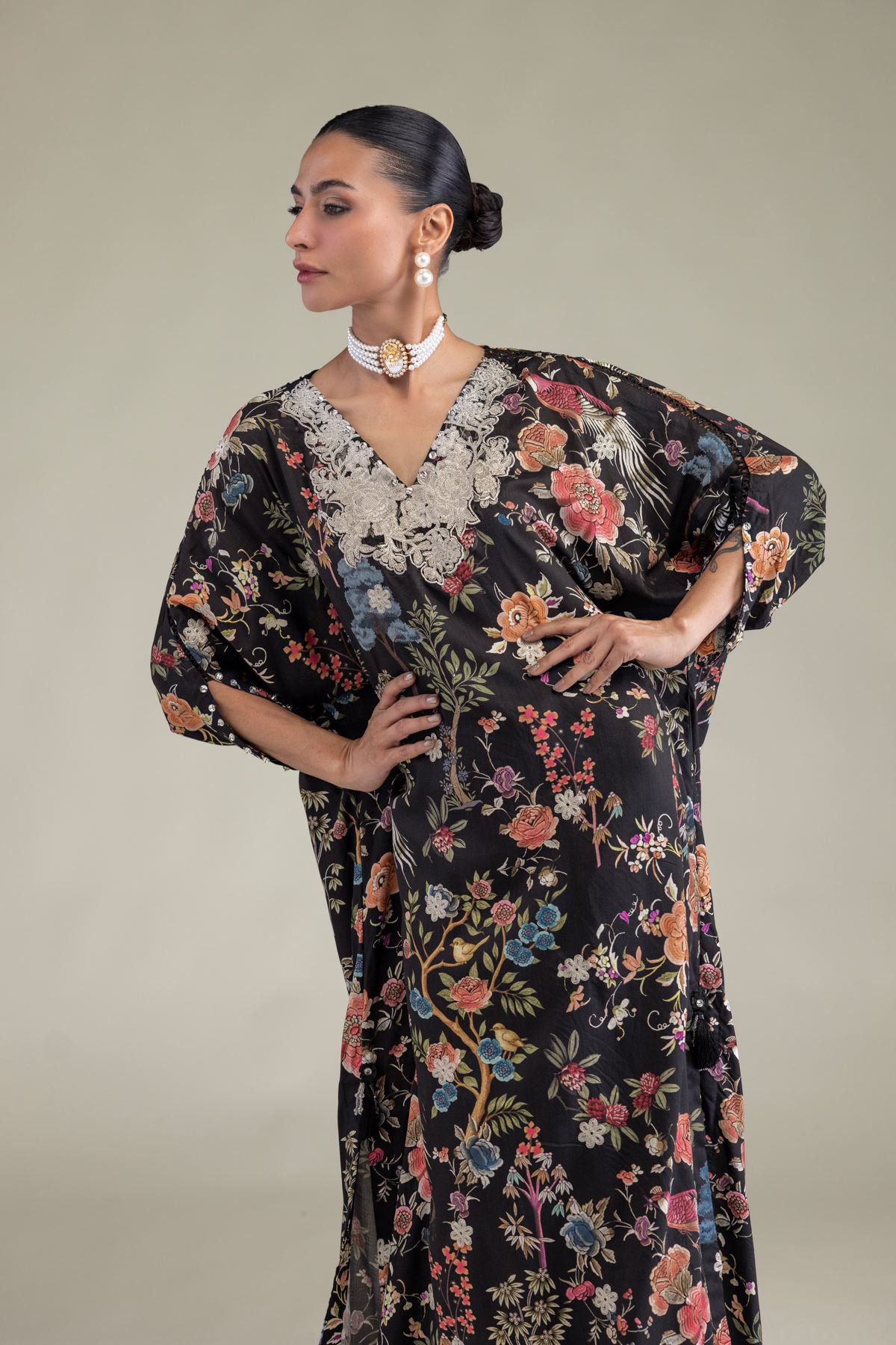 Embroidered Raw Silk Black V-Neck Kurta - 8-26-201-A-B1-VG