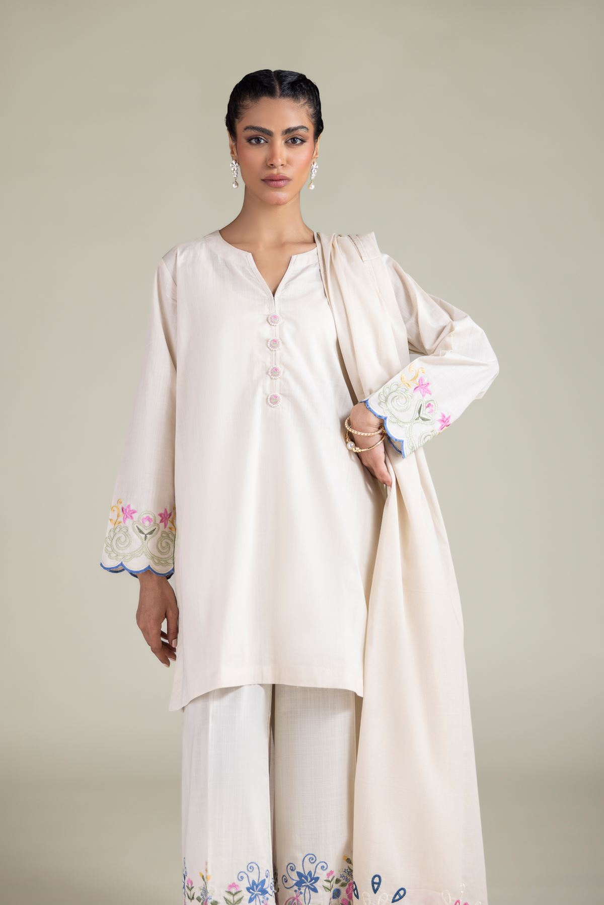 Embroidered Textured Cotton Geometric Threadwork Dupatta - 1-26-108-A-E-VG