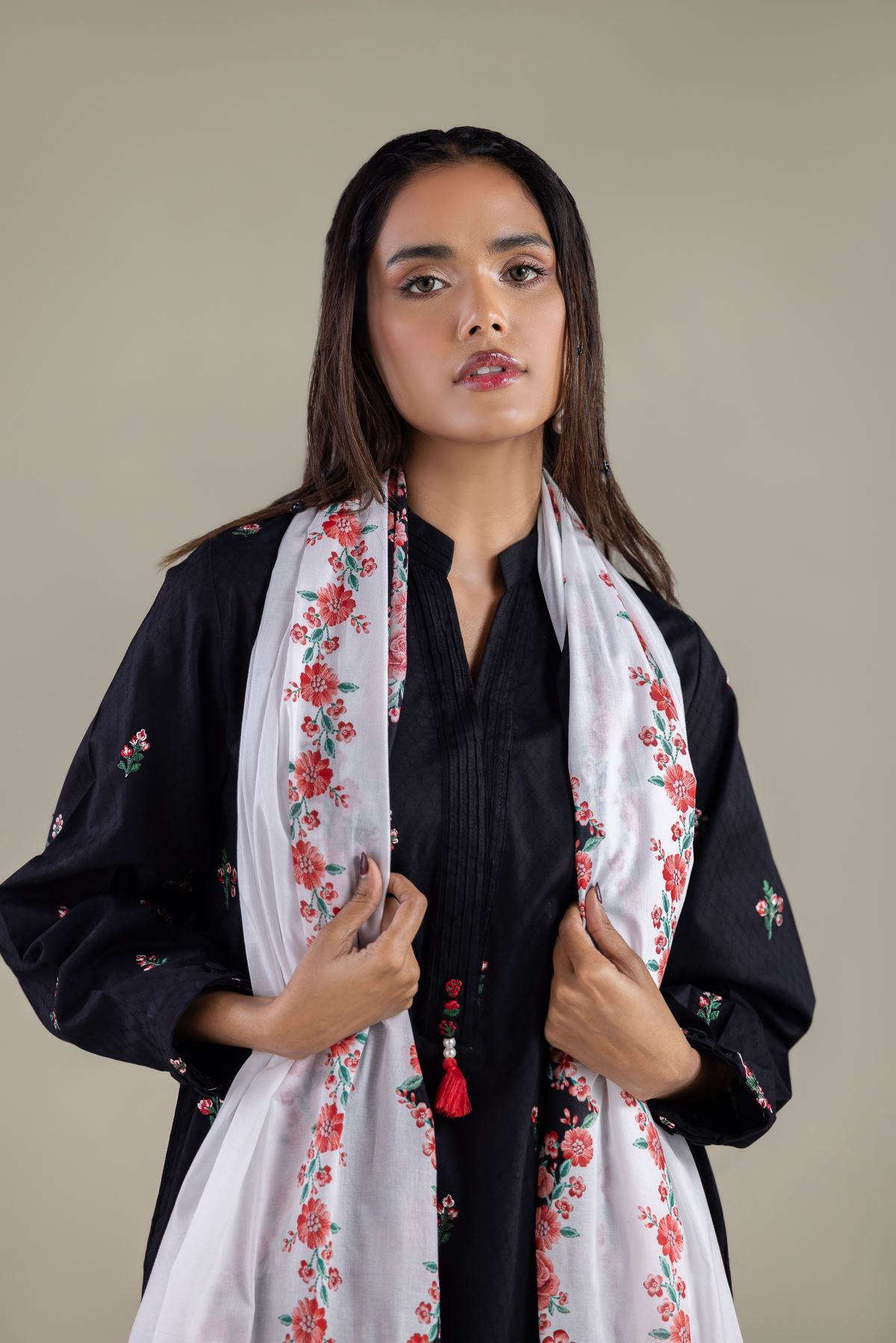Embroidered Lawn Floral Tassel Dupatta - 1-26-108-A-F-VG