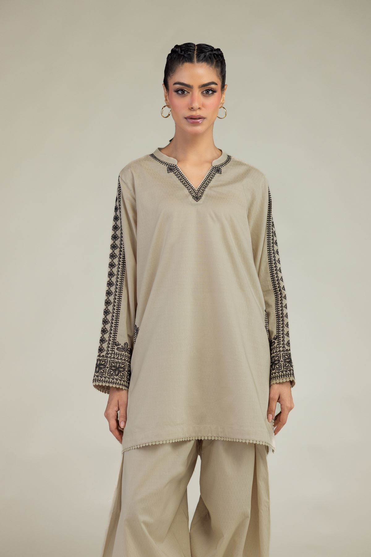 Embroidered Cotton Dobby Beige V-Neck Kurta - 1-26-245-A-J1-VG