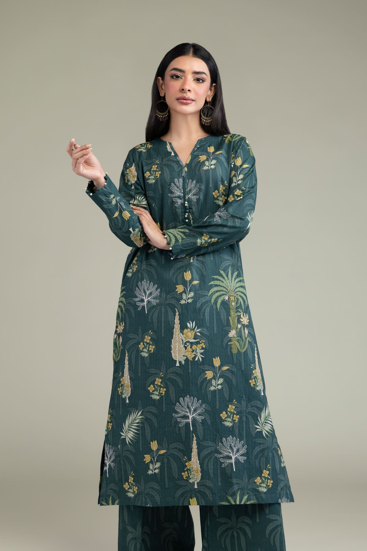 Printed Cotton Dobby Floral V-Neck Kurta - 1-26-211-A-F1-VG