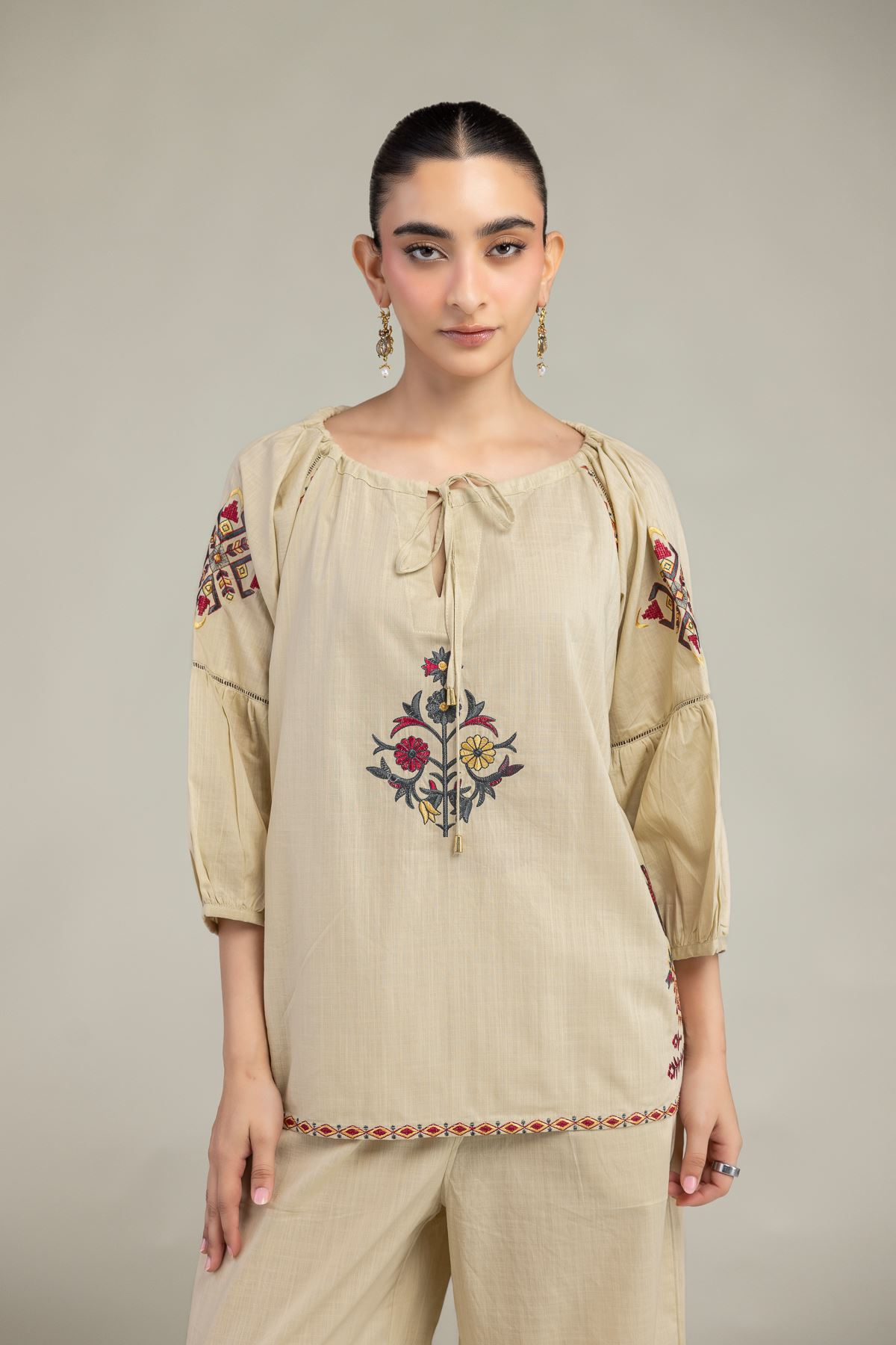 Embroidered Textured Cotton Floral Cotton Blouse - 6-26-204-A-D2-VG