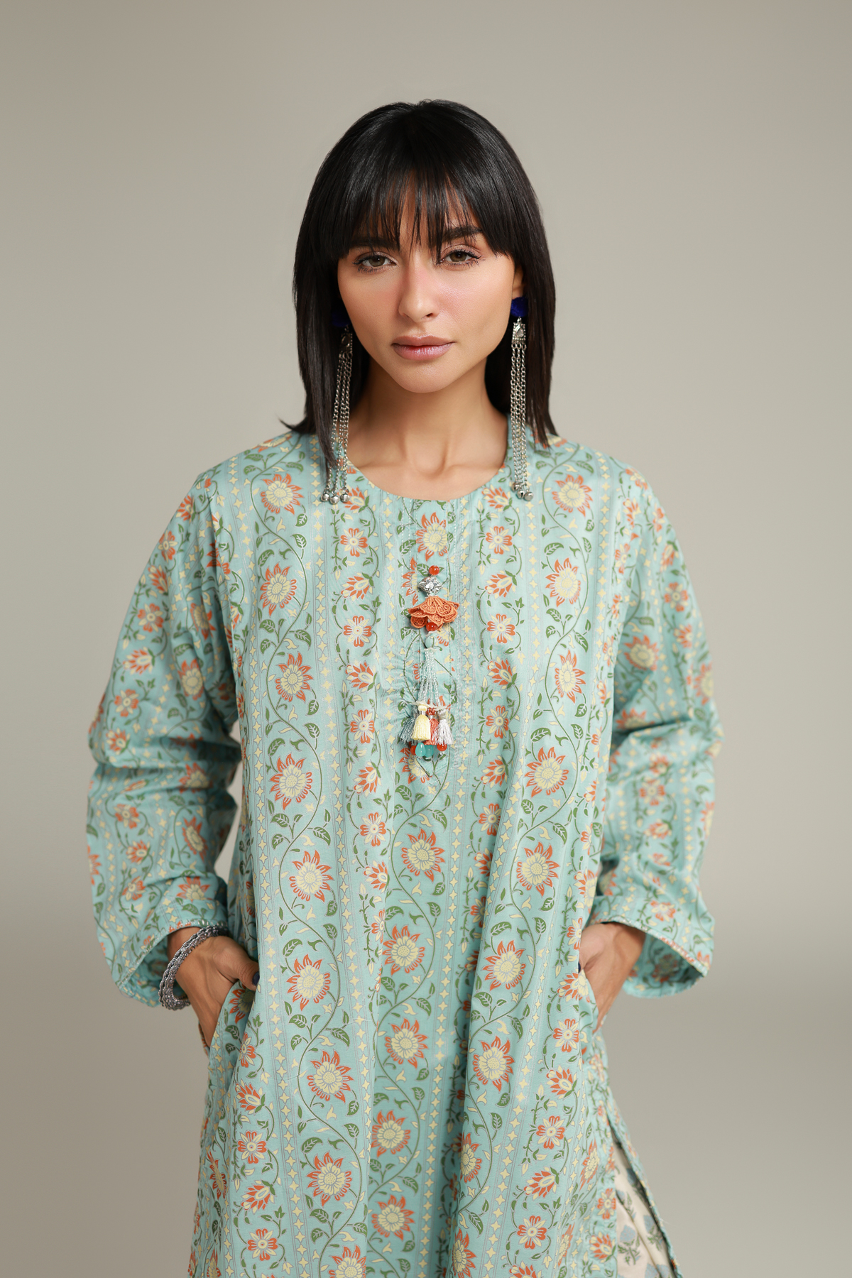 Printed Cambric Floral Tassel Kurta - 12-26-115-E-H-VG