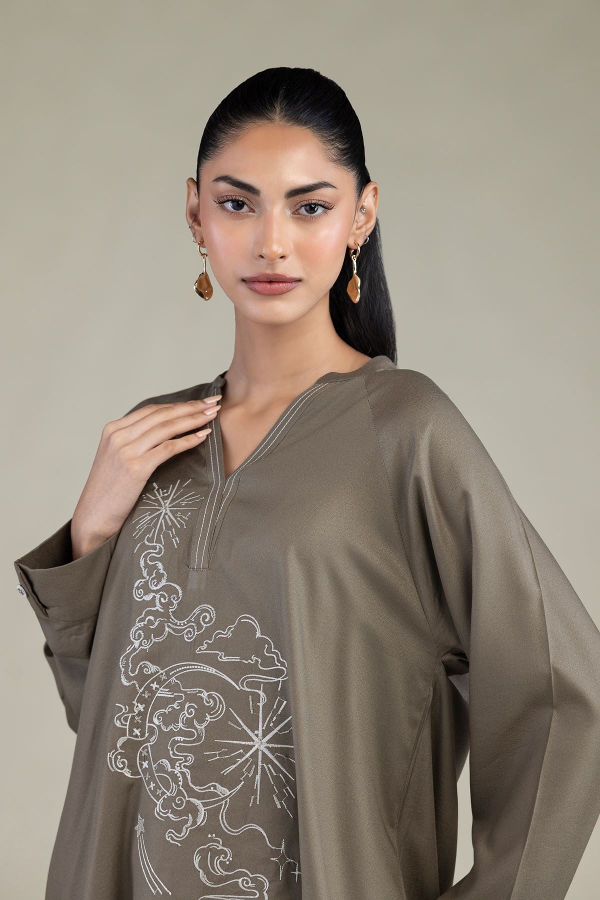 Embroidered Viscose Crepe Olive V-Neck Tunic - 2-26-308-A-B1-VG