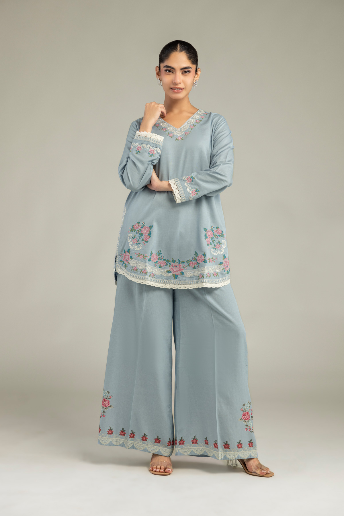 Embroidered Raw Silk Light Blue Pants - 1-26-102-A-F-VG