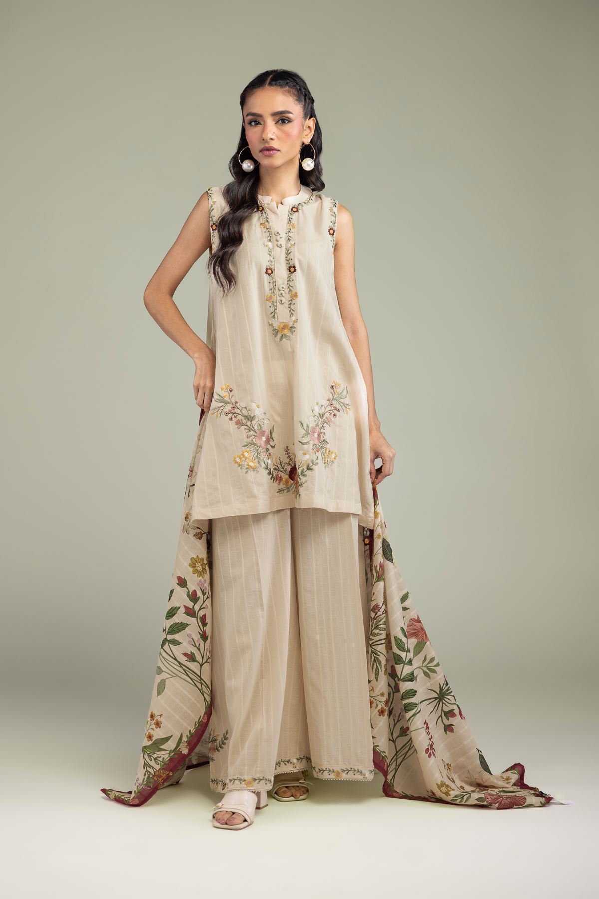 Embroidered Textured Cotton Textured Cotton Pants - 1-26-131-A-F-VG