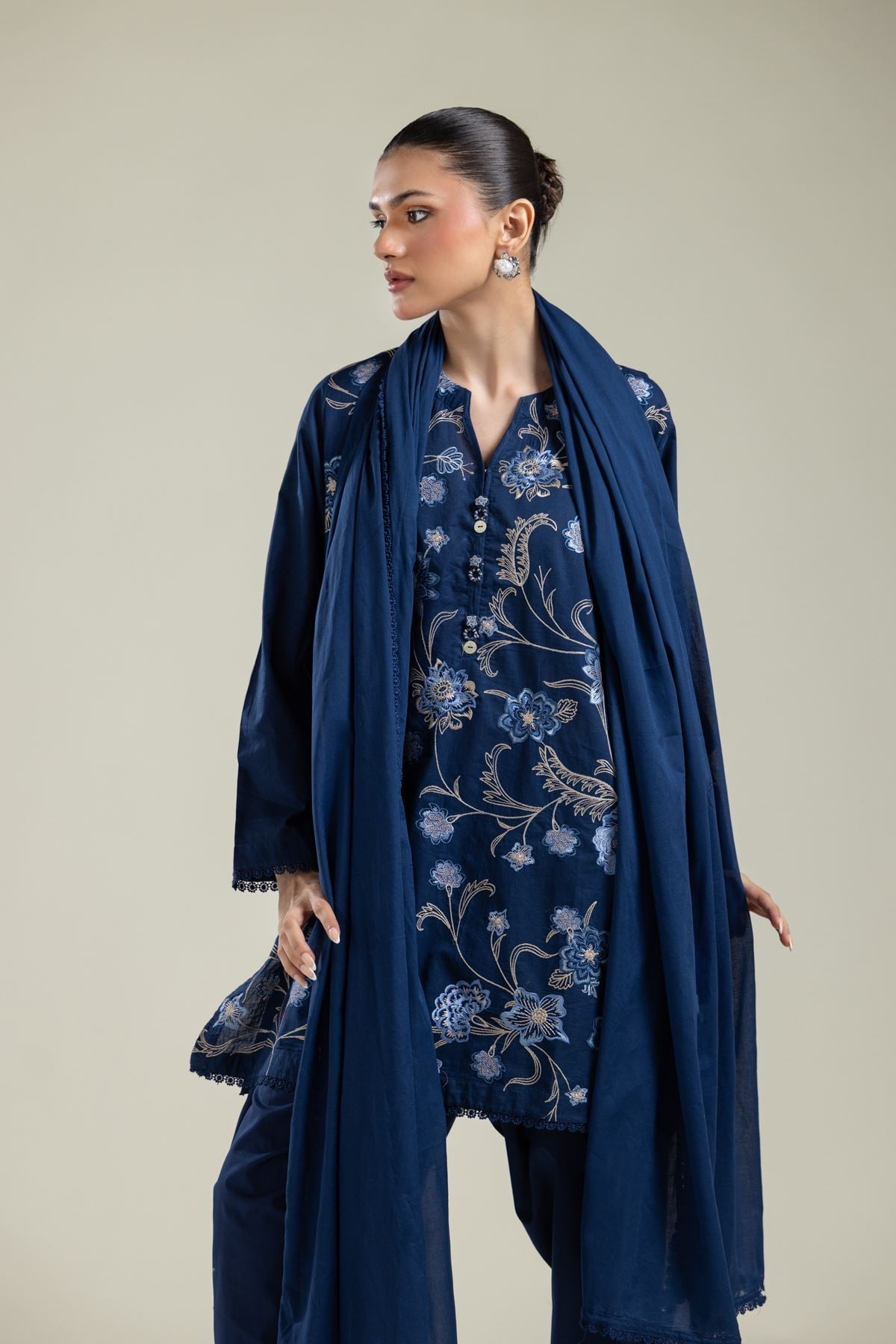 Embroidered Lawn Navy Lawn Dupatta - 1-26-139-A-F-VG