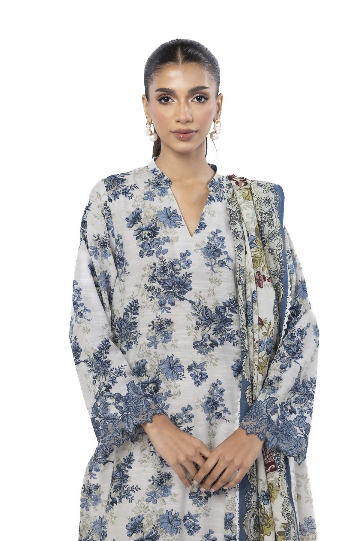 Embroidered Slub Cotton Fabrics 3 Piece - KW33B-VG