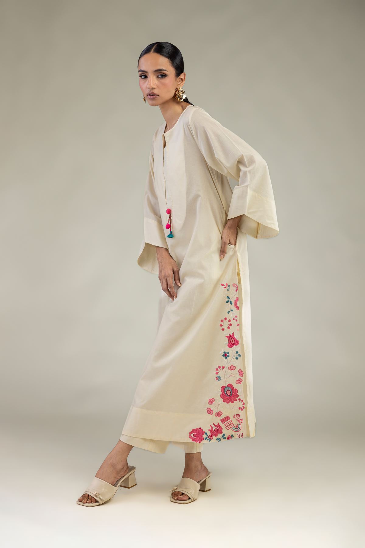 Embroidered Cambric Long Floral Kurta - 1-26-327-A-J1-VG