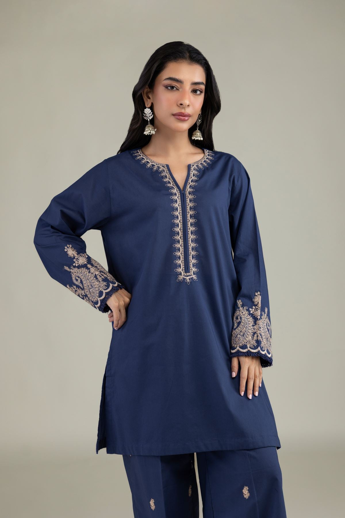 Embroidered Cambric Navy V-Neck Kurta - 8-26-303-A-C1-VG