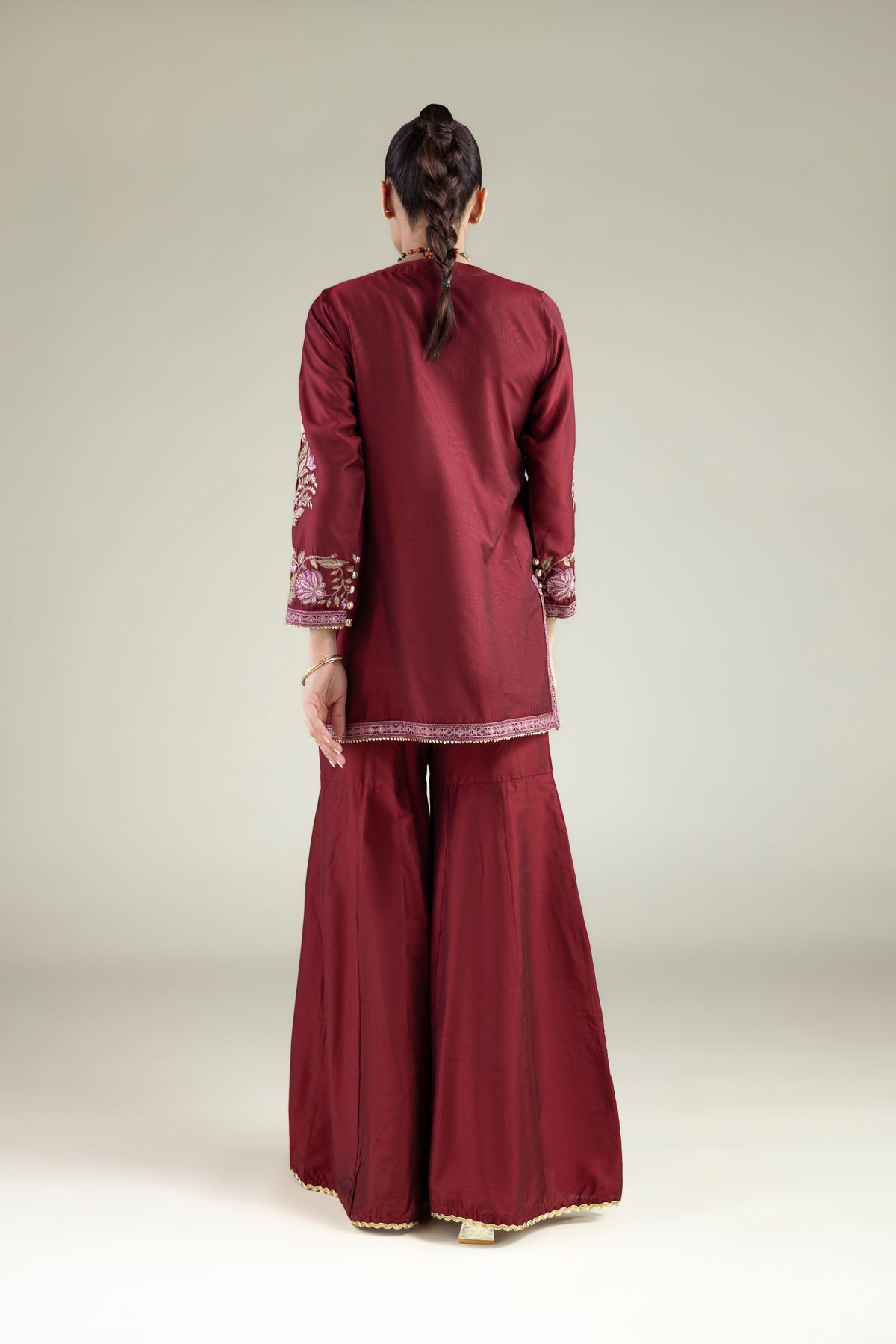Embroidered Raw Silk Floral V-Neck Kurta - 2-26-105-A-E-VG