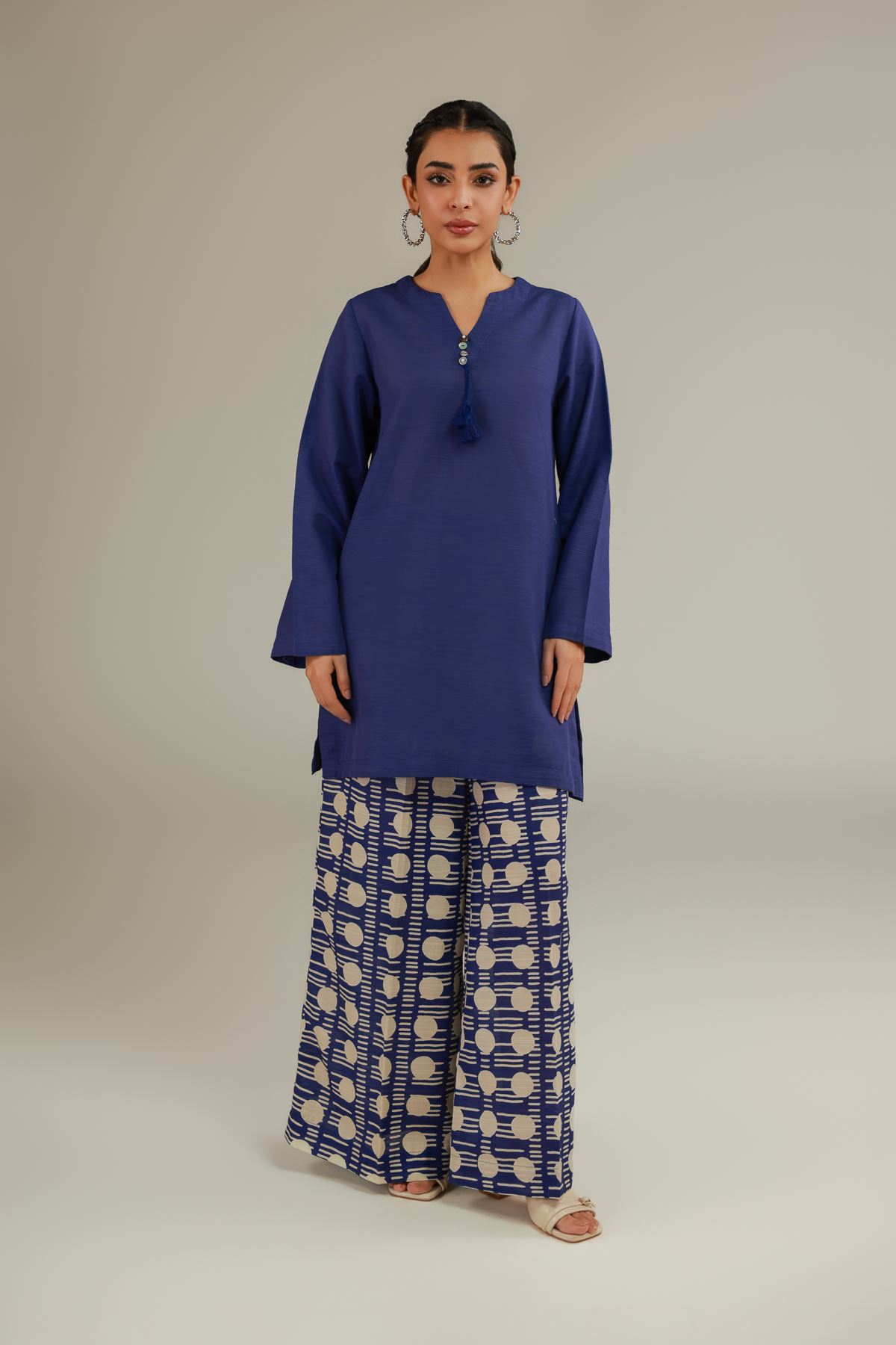 Printed Textured Cotton V-Neck Tassel Kurta - 1-26-108-A-F-VG