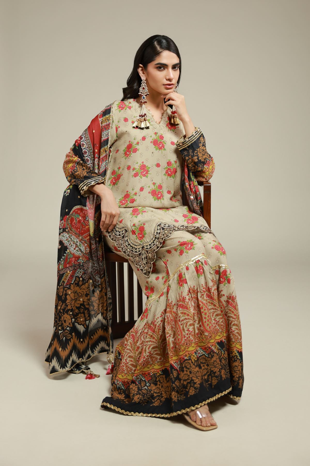 Embroidered Raw Silk 3 Piece Co-ord Set - 25-10-12E11-02TA-VG