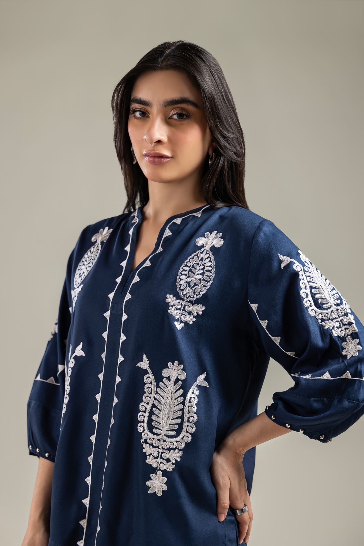 Embroidered Viscose Crepe Embroidered Navy Blouse - 1-26-142-A-D-VG