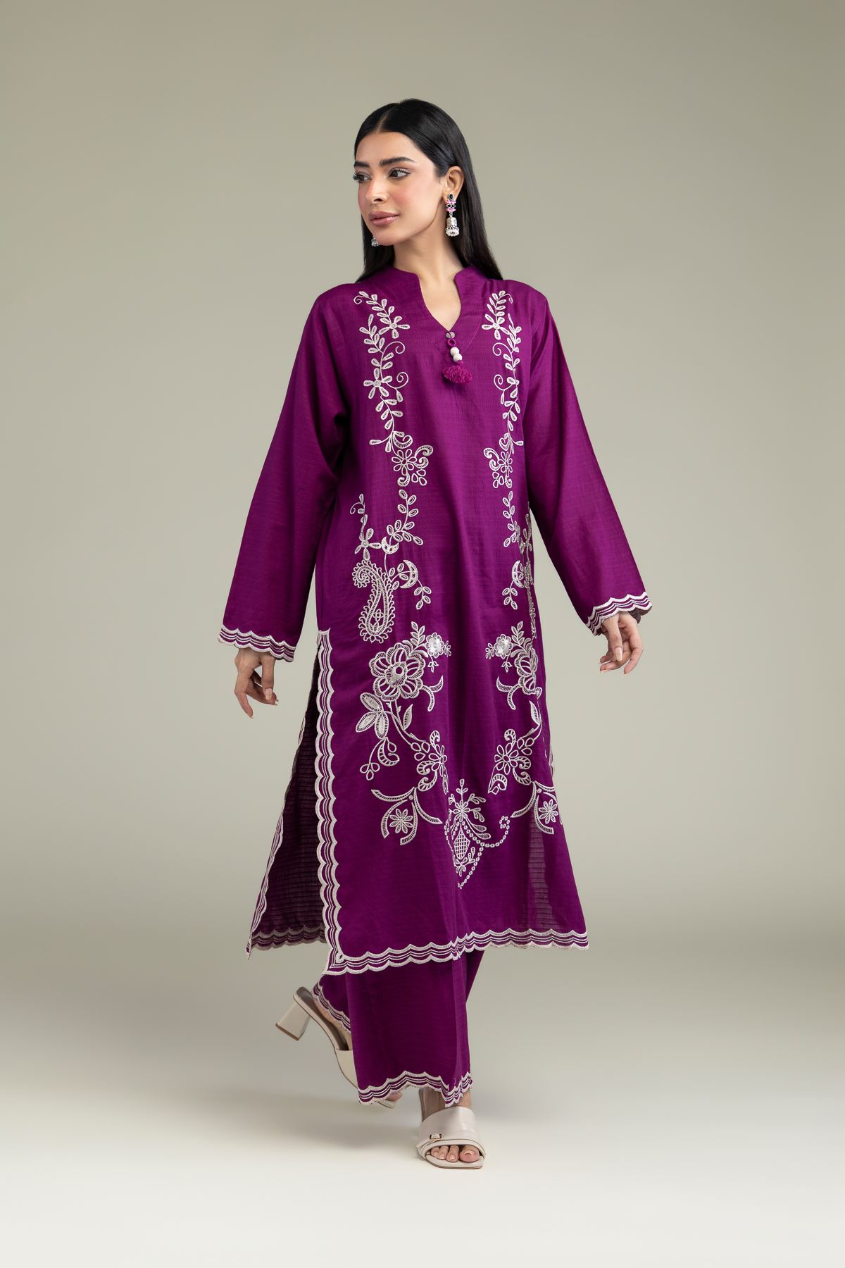 Embroidered Cotton Dobby Purple Cotton Pants - 25-10-11E8-03TA-VG