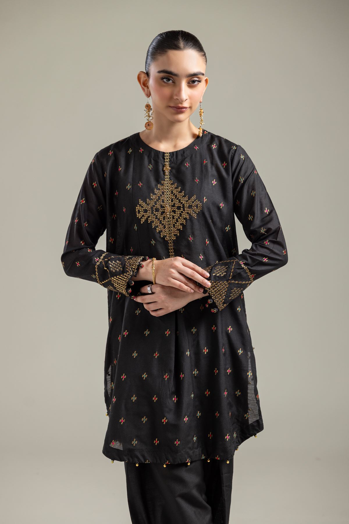 Raw Silk Short Black Kurta - 2-26-107-A-F-VG