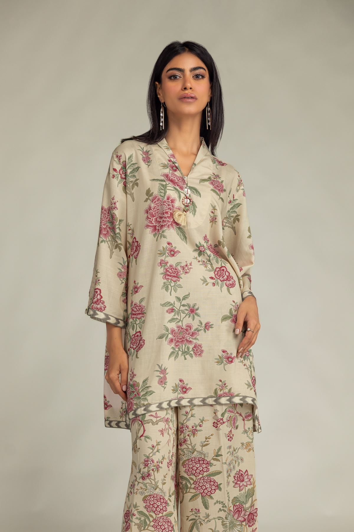 Printed Raw Silk Floral Longline Kurta - 1-26-102-A-F-VG