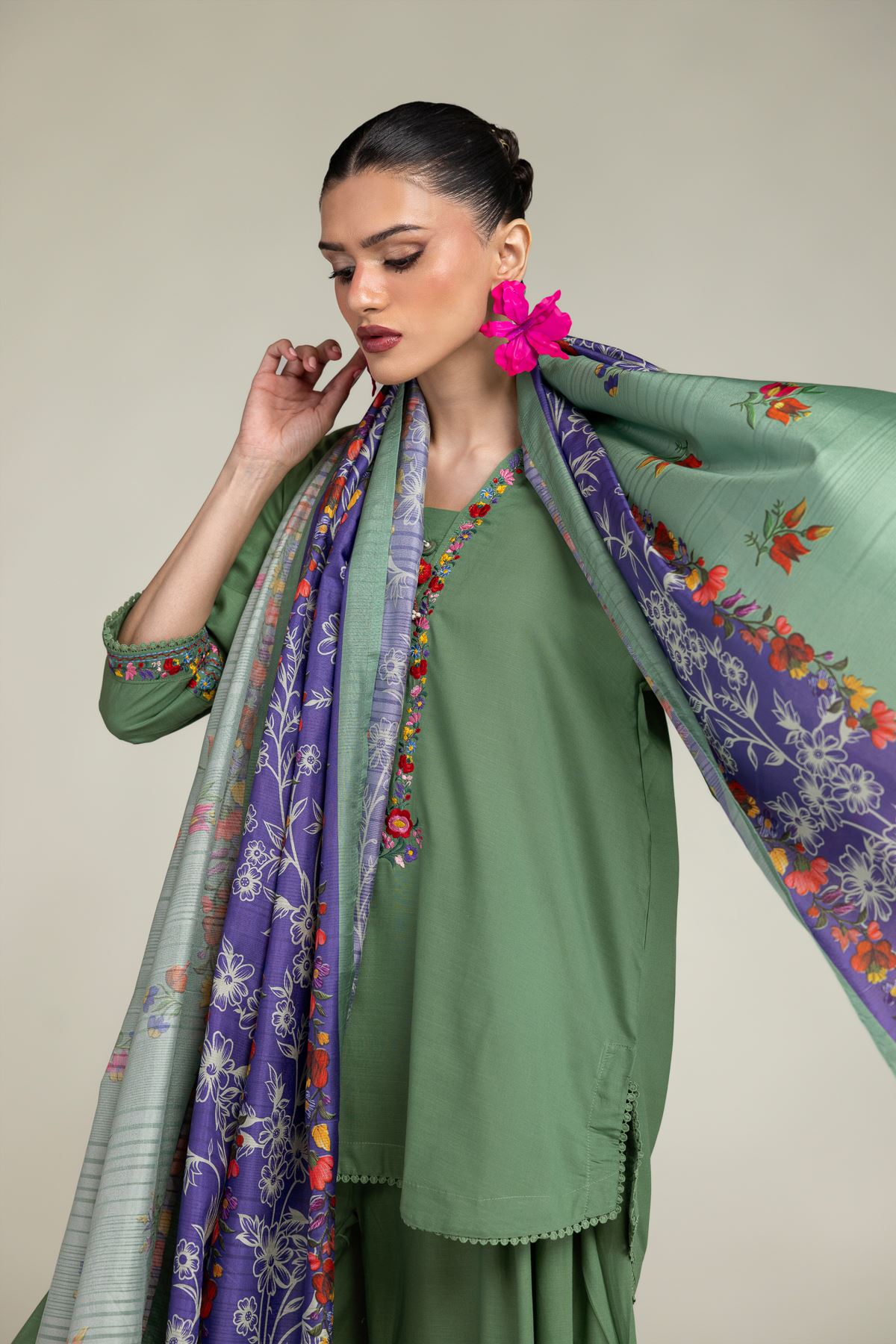 Embroidered Polyester Silk Floral Silk Dupatta - 1-26-203-A-C1-VG