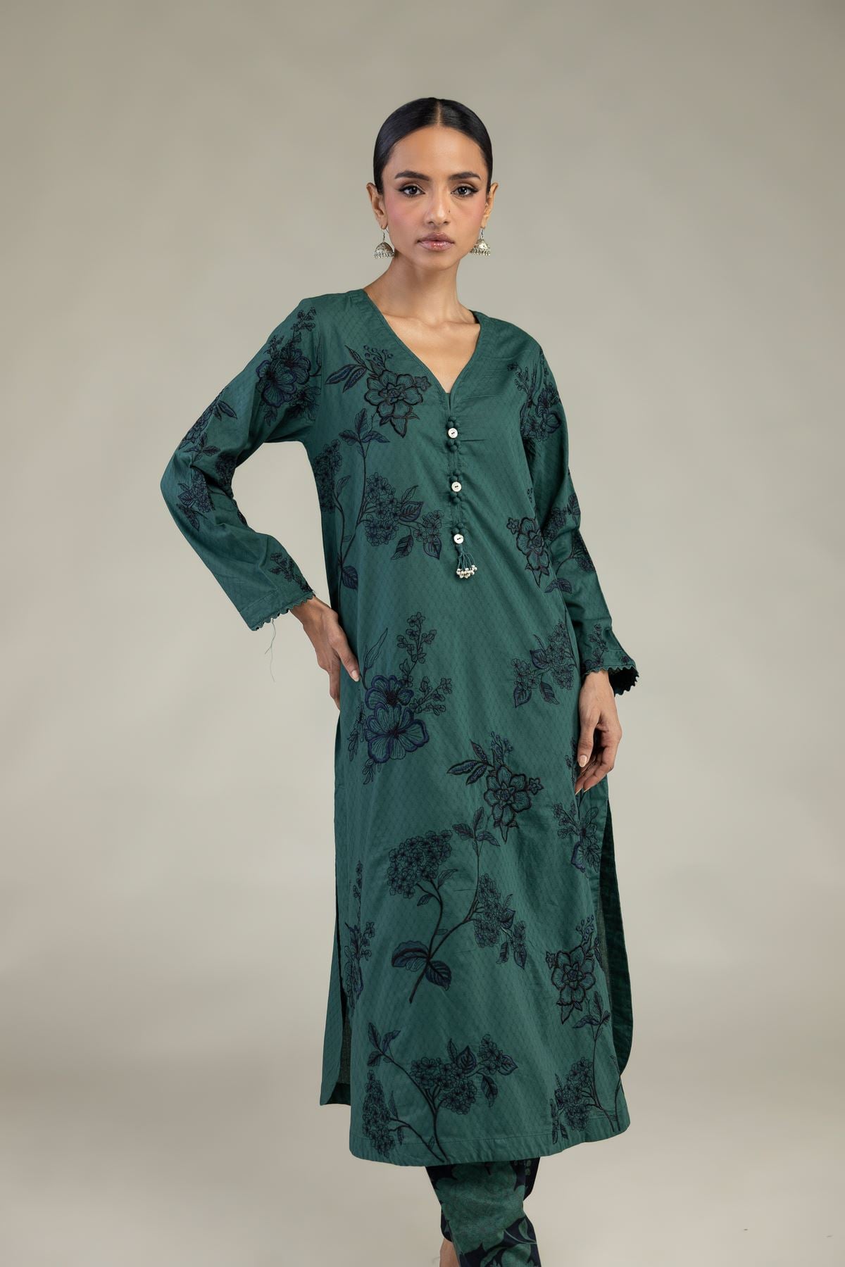 Embroidered Cotton Dobby Green Longline Kurta - 1-26-226-A-B1-VG